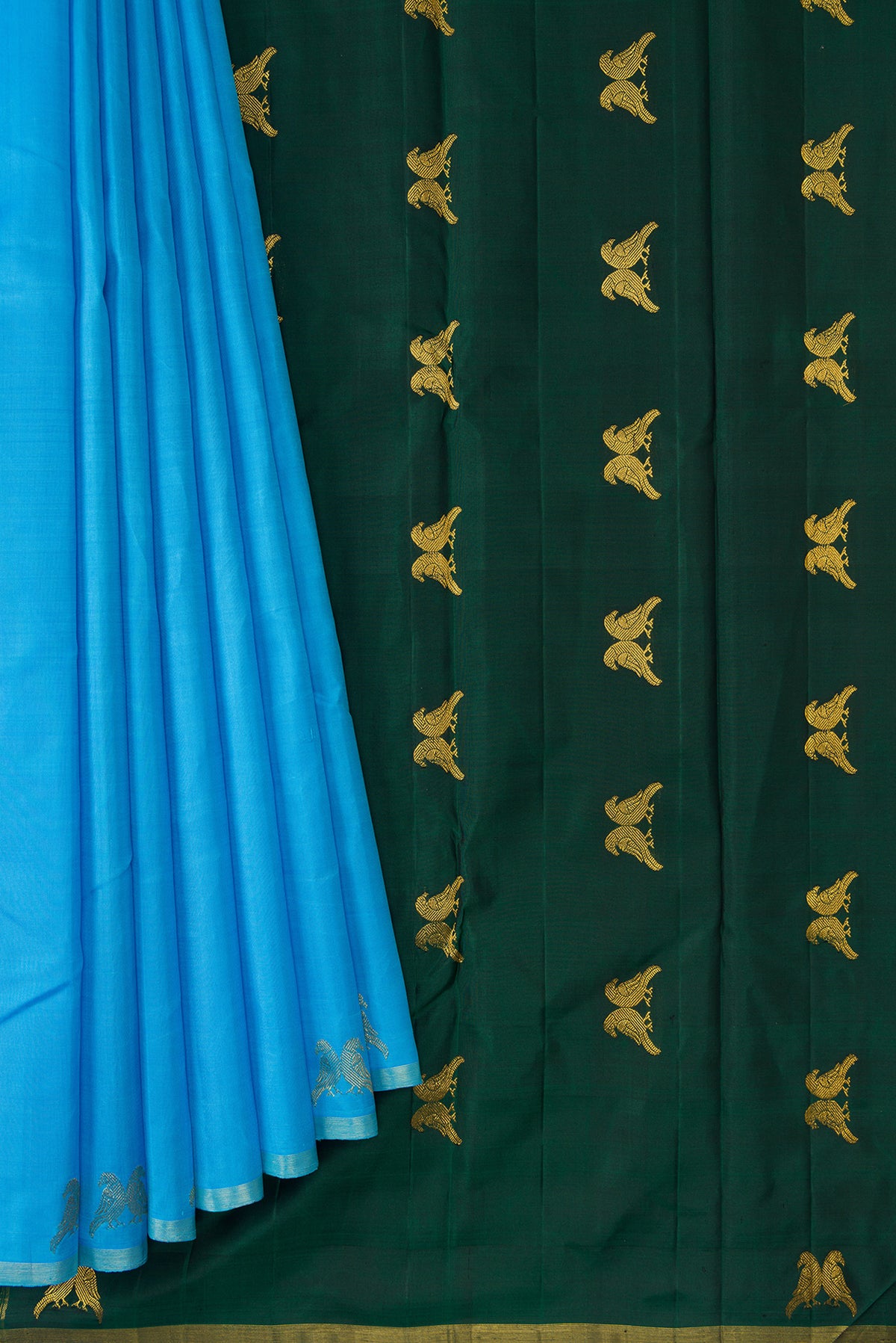 Pleats and pallu of Sky Blue Dual Tone Kanchipuram Silk Saree with Plain Body and Fancy Border. 