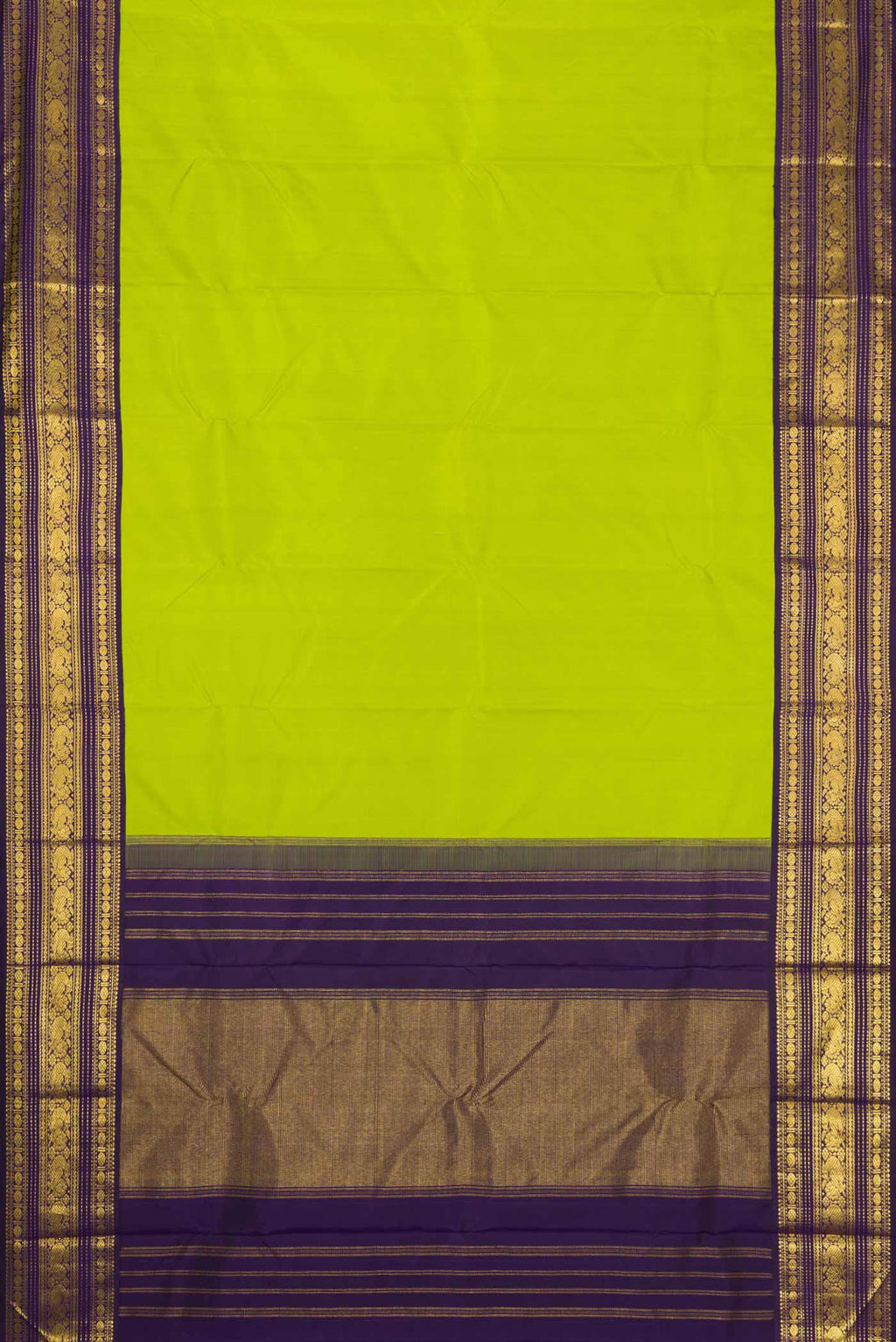 Flat view of Green Dual Tone Kanjivaram Silk Saree with Plain Body and Zari Border. 