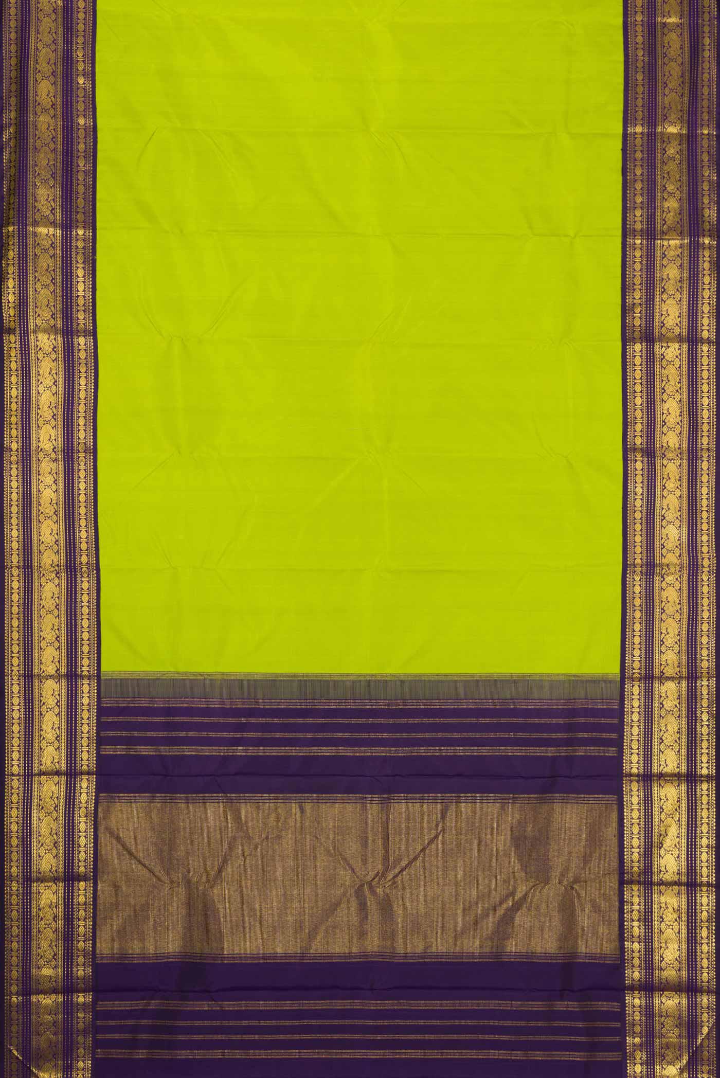 Flat view of Green Dual Tone Kanjivaram Silk Saree with Plain Body and Zari Border. 