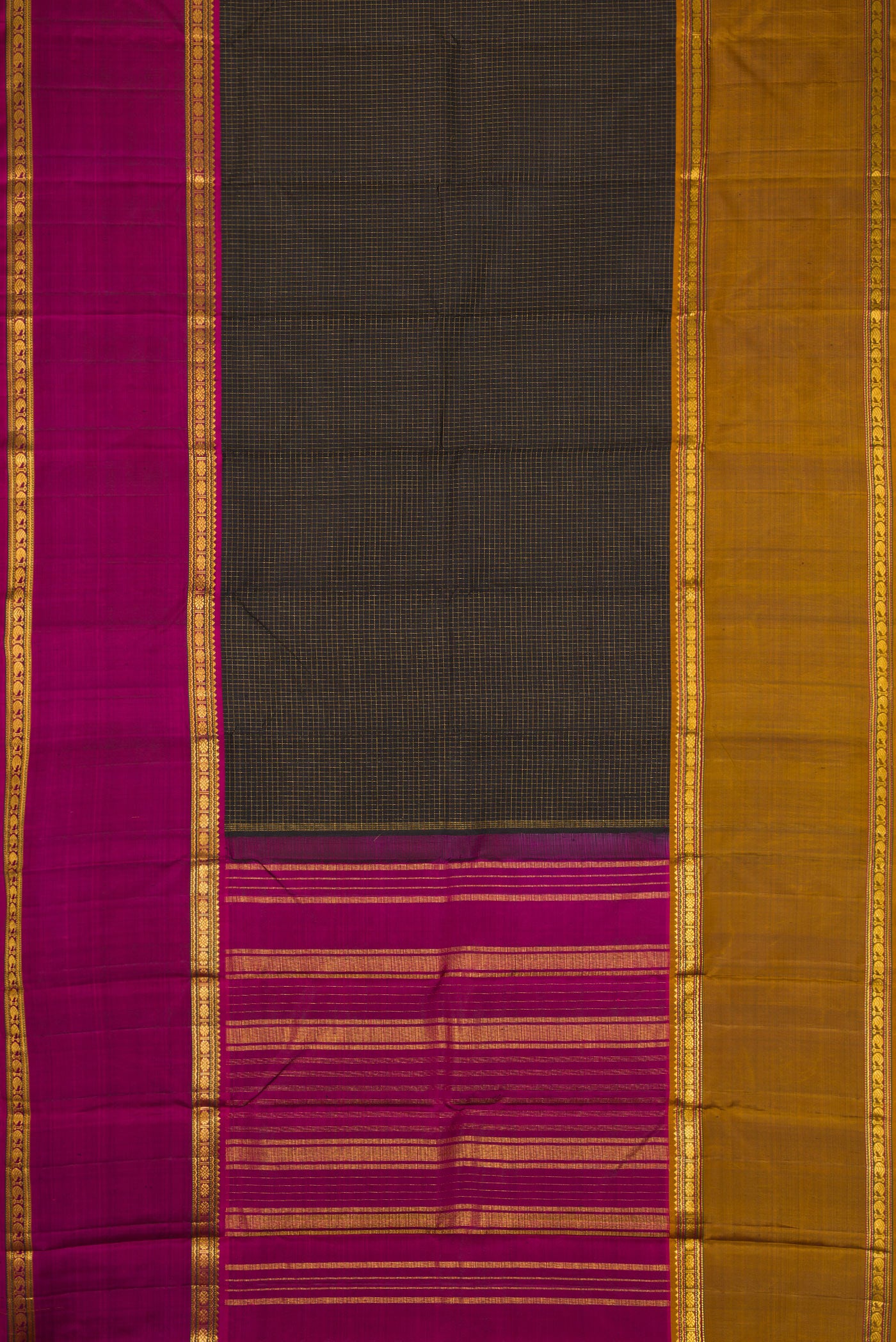 Flat view of Black Dual Tone Kanjivaram Silk Saree with Checked design on the body and Ganga Jamuna Border. 