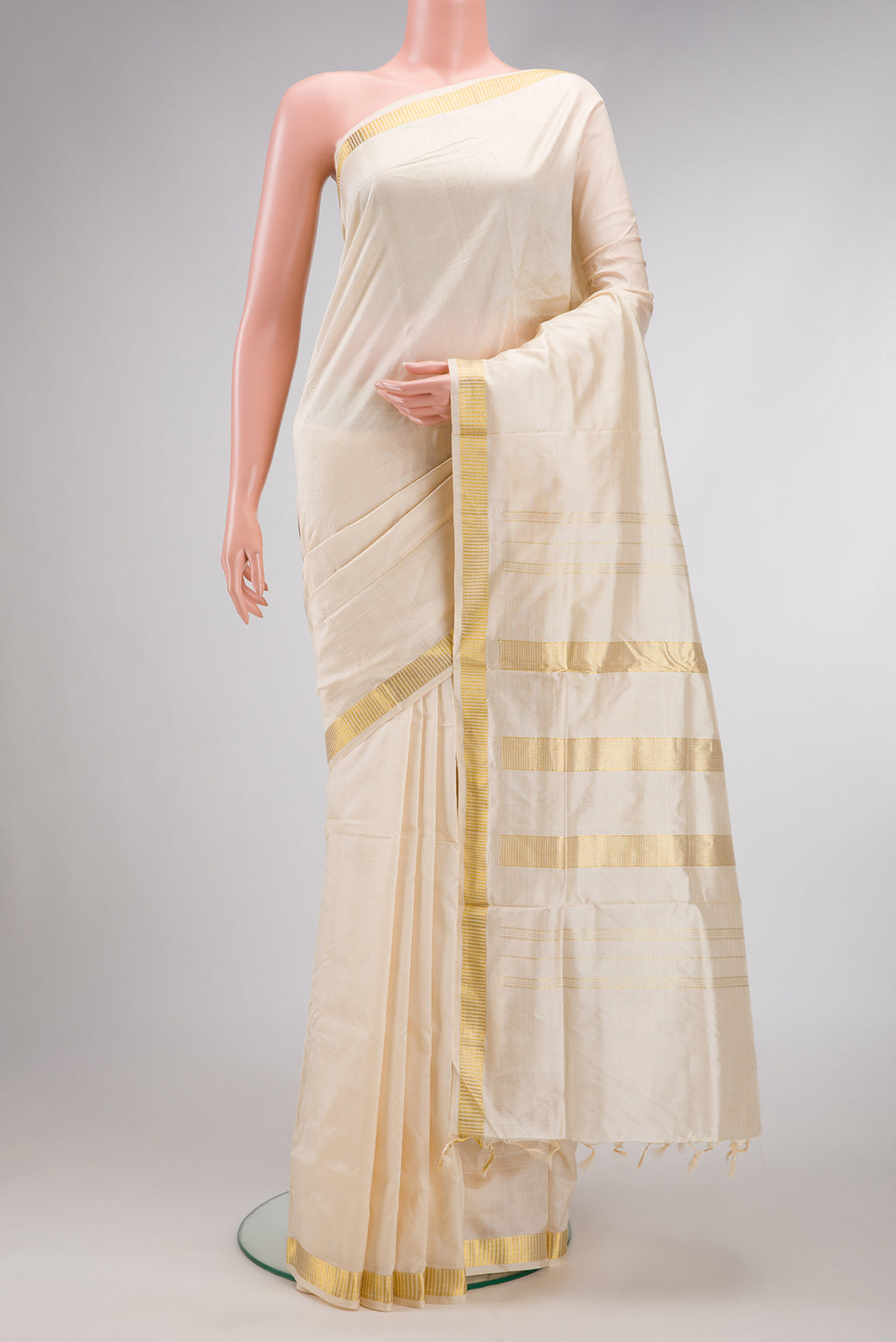 Sandal Dual Tone Kanjivaram Silk Nine Yards Saree with Plain Body and Zari Border.  displayed on a mannequin