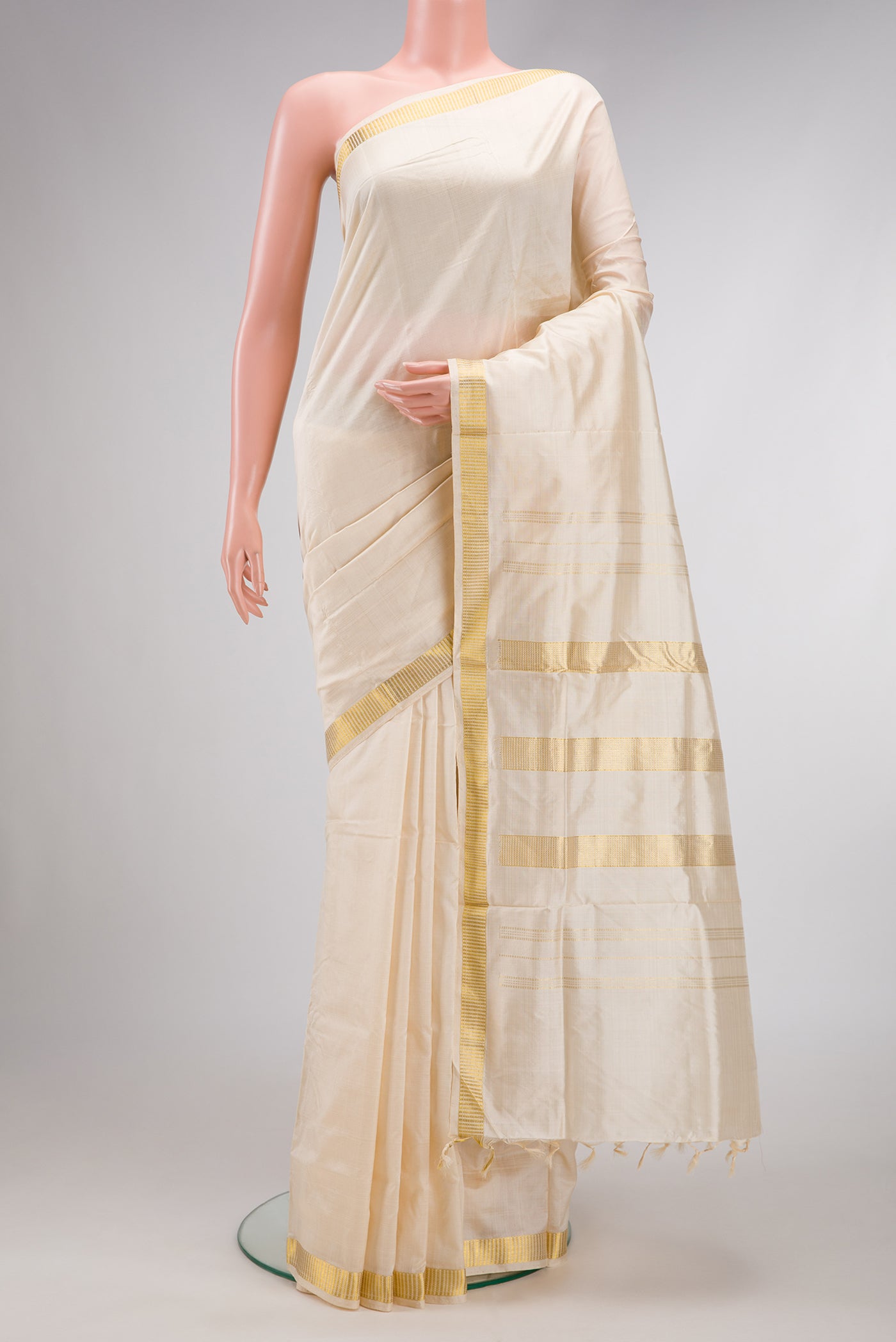 Sandal Dual Tone Kanjivaram Silk Nine Yards Saree with Plain Body and Zari Border.  displayed on a mannequin