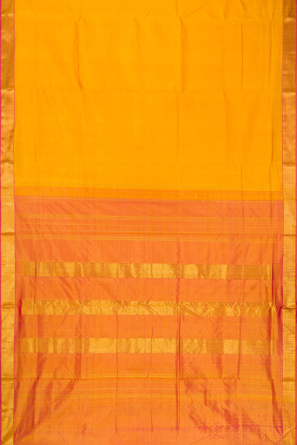 Flat view of Mustard Dual Tone Kanchipuram Silk Nine Yards Saree with Plain Body and Zari Border. 