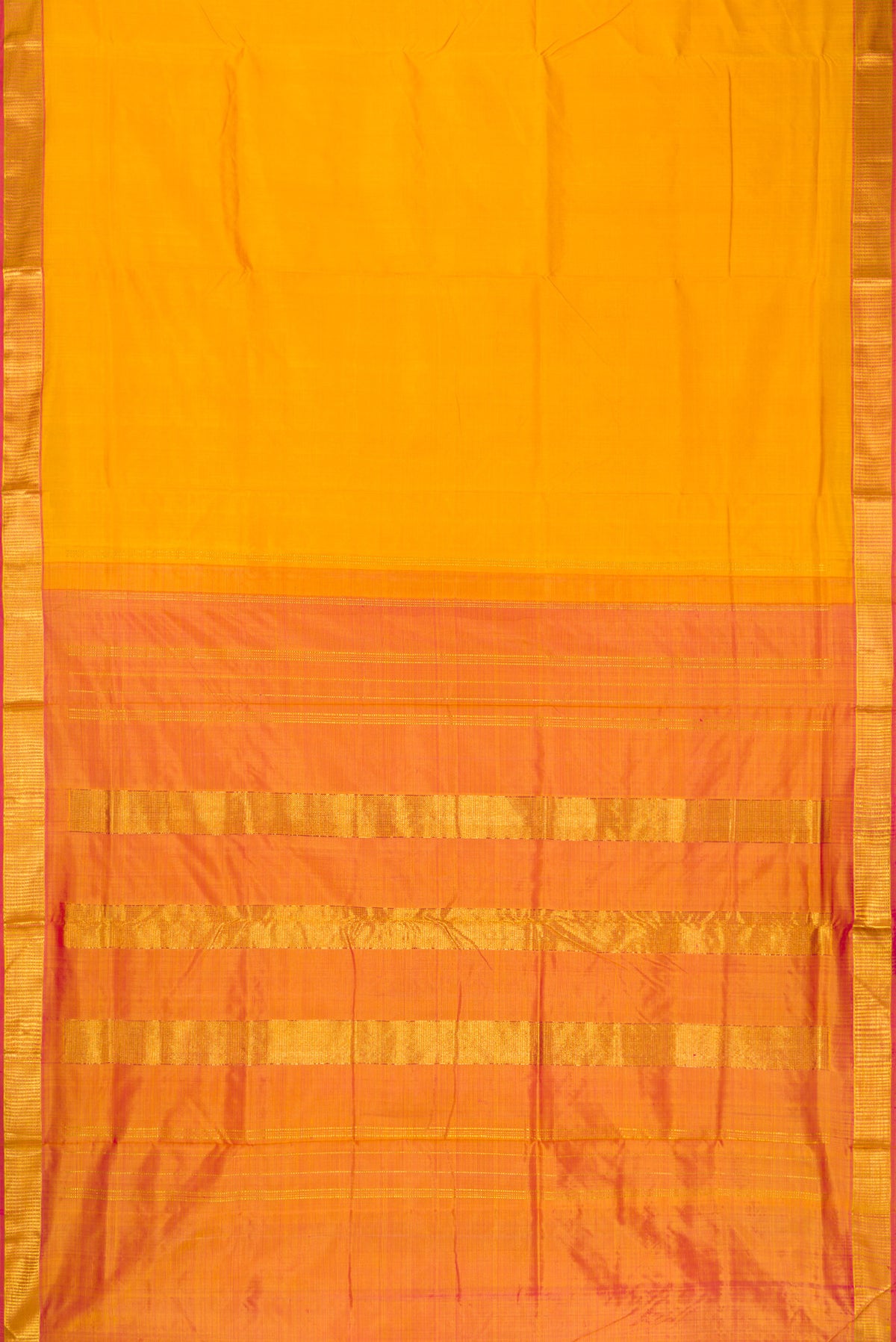 Flat view of Mustard Dual Tone Kanchipuram Silk Nine Yards Saree with Plain Body and Zari Border. 