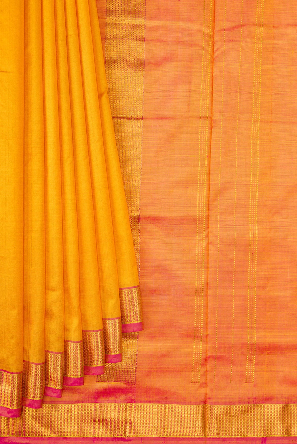 Pleats and pallu of Mustard Dual Tone Kanchipuram Silk Nine Yards Saree with Plain Body and Zari Border. 