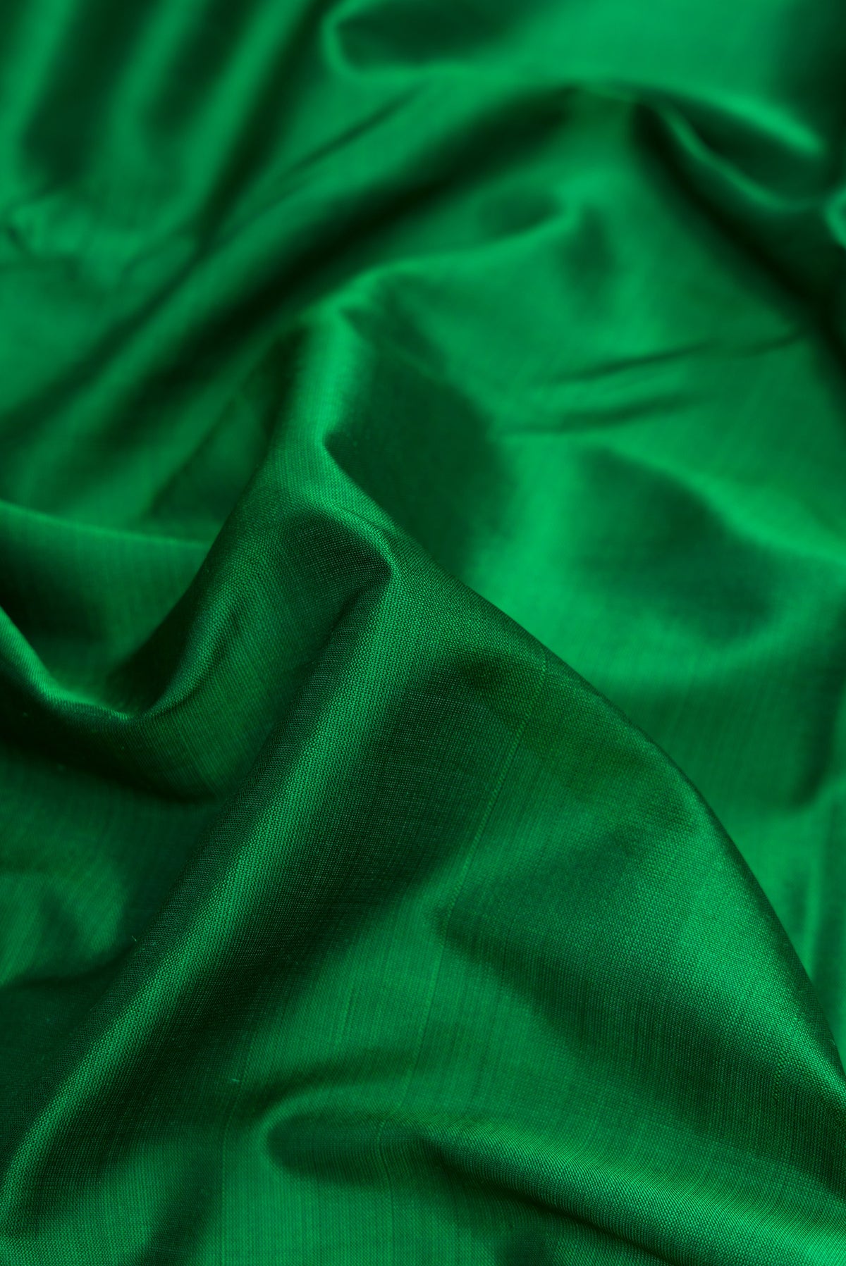 Close up of Bottle Green Dual Tone Kanchipuram Silk Nine Yards Saree with Plain Body and Zari Border.  displaying folds