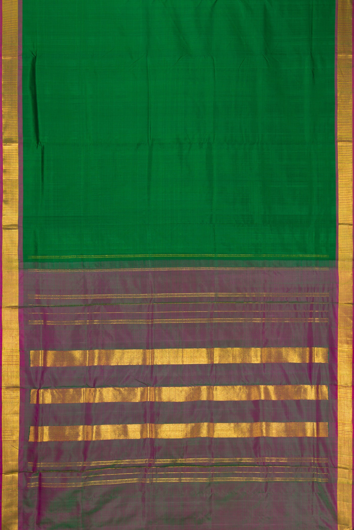Flat view of Bottle Green Dual Tone Kanchipuram Silk Nine Yards Saree with Plain Body and Zari Border. 