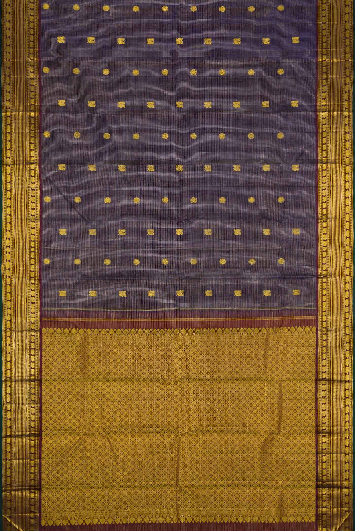 Flat view of Violet Dual Tone Kanjivaram Silk Saree with Zari Butta on the body and Zari Border. 