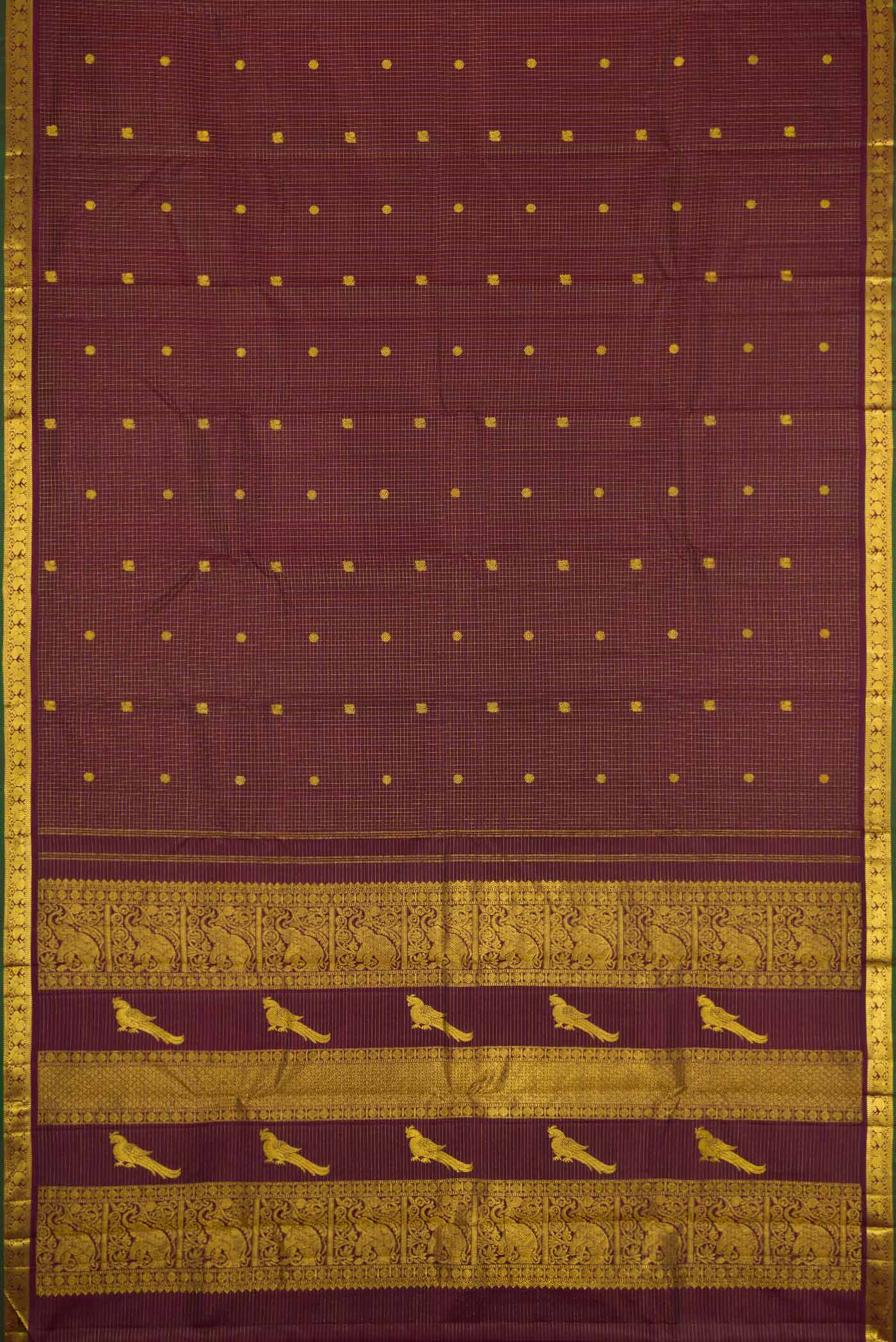 Flat view of Coffee Brown Dual Tone Kanchipuram Silk Saree with Zari Butta on the body and Zari Border. 
