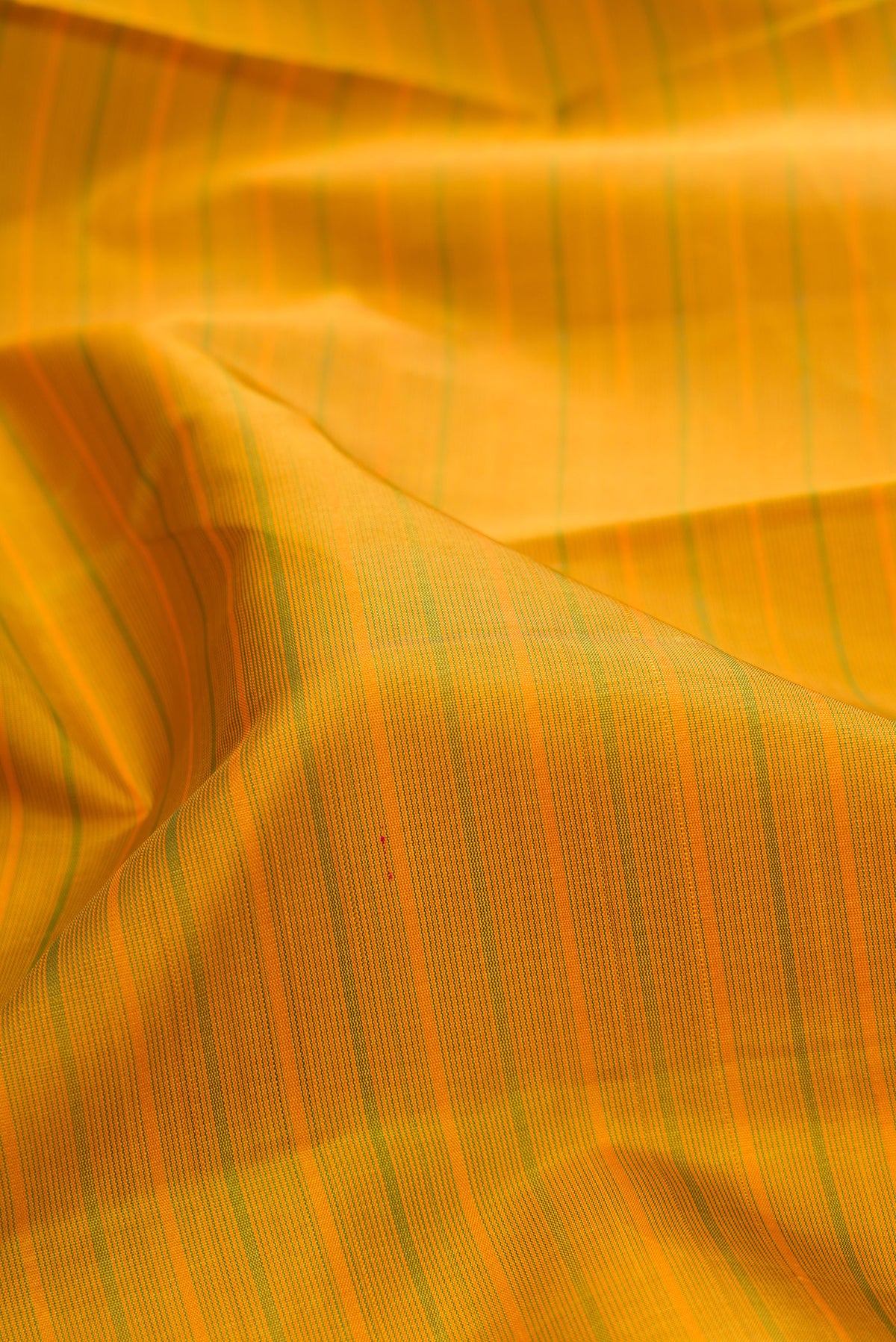 Close up of Pure Silk Mehandi Green Kanchipuram Saree with Stripes on the body and Zari Border.  displaying folds