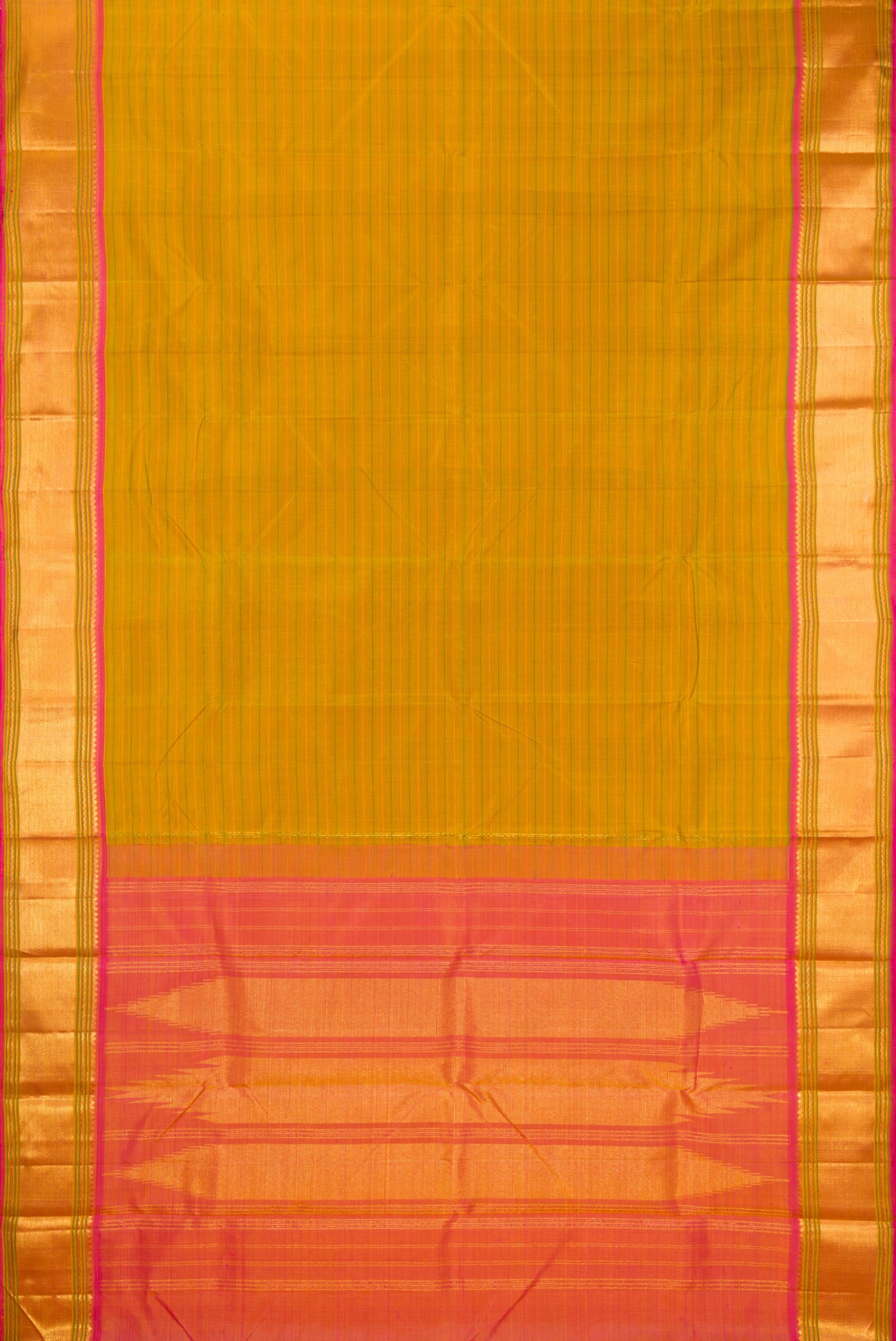 Flat view of Pure Silk Mehandi Green Kanchipuram Saree with Stripes on the body and Zari Border. 