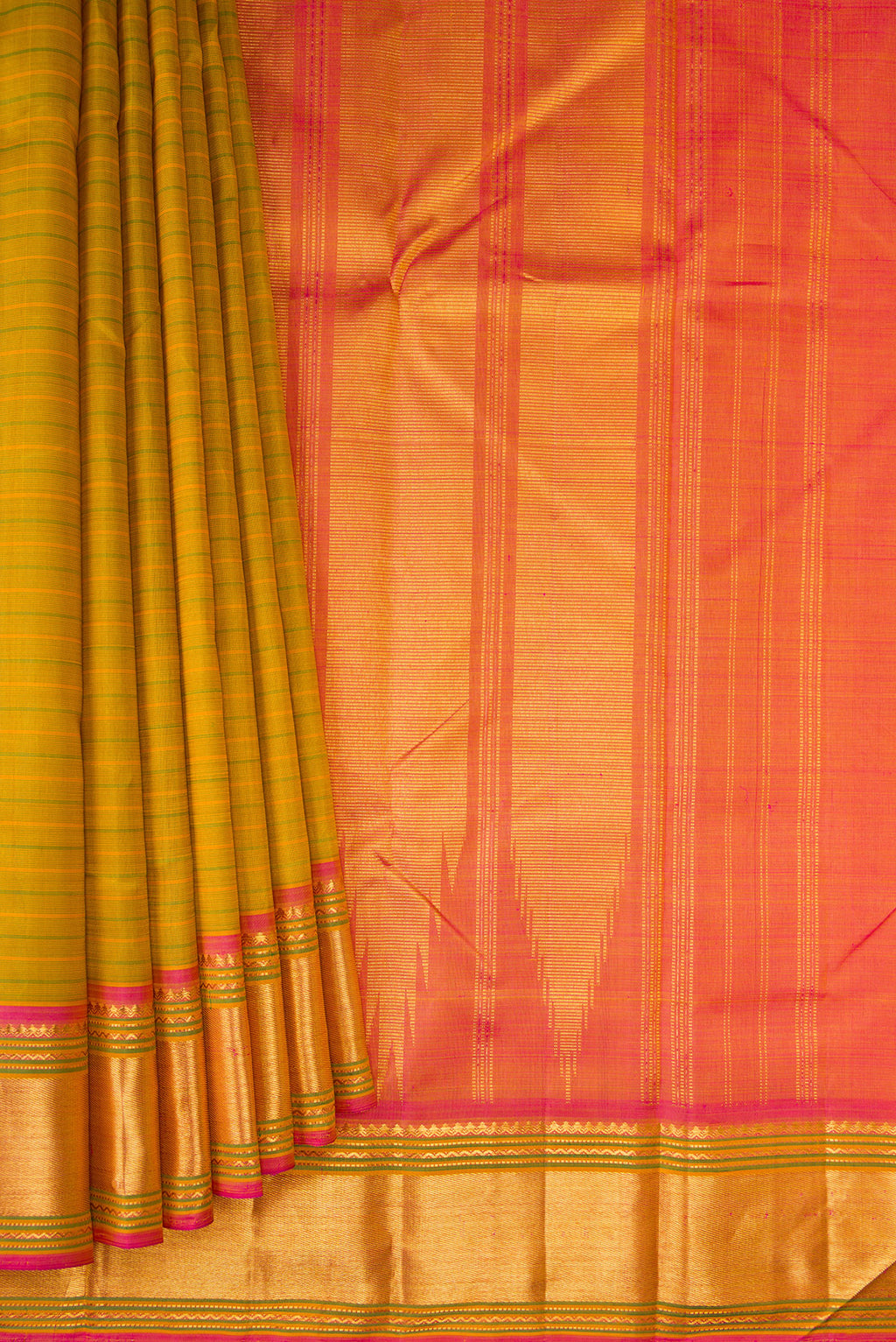 Pleats and pallu of Pure Silk Mehandi Green Kanchipuram Saree with Stripes on the body and Zari Border. 