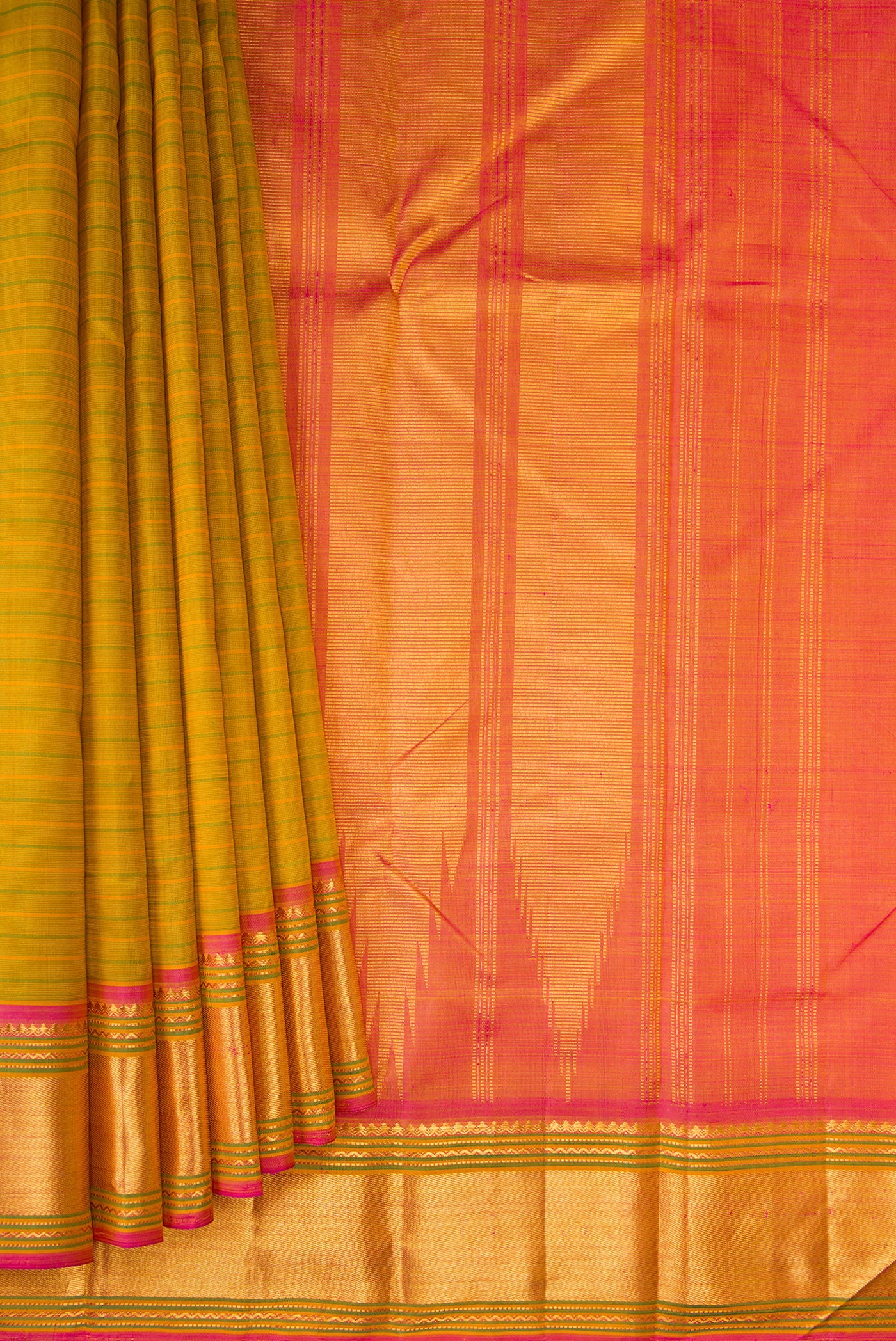 Pleats and pallu of Pure Silk Mehandi Green Kanchipuram Saree with Stripes on the body and Zari Border. 