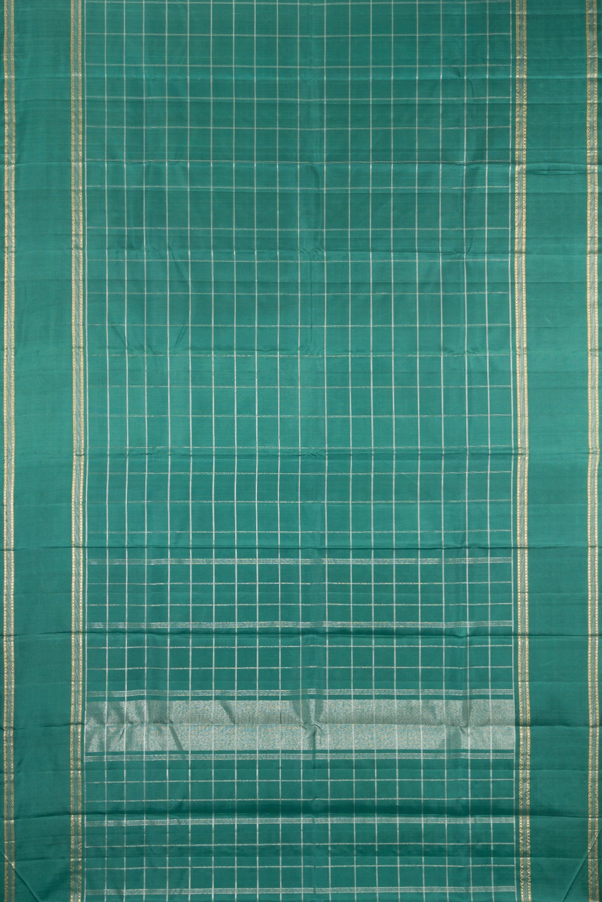 Flat view of Pure Silk Teal Kanchipuram Saree with Checked design on the body and Zari Border. 
