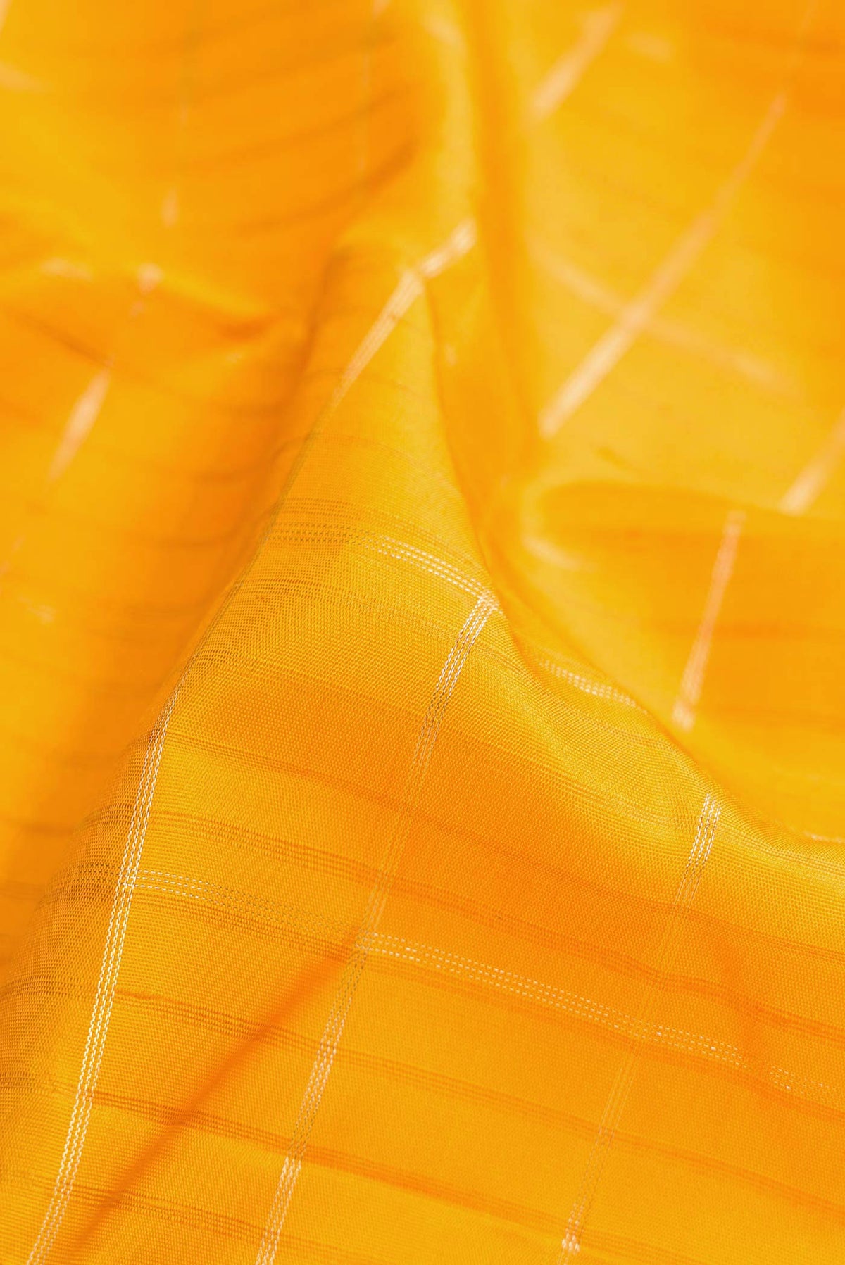 Close up of Mustard Dual Tone Kanchipuram Silk Saree with Checked design on the body and Zari Border.  displaying folds