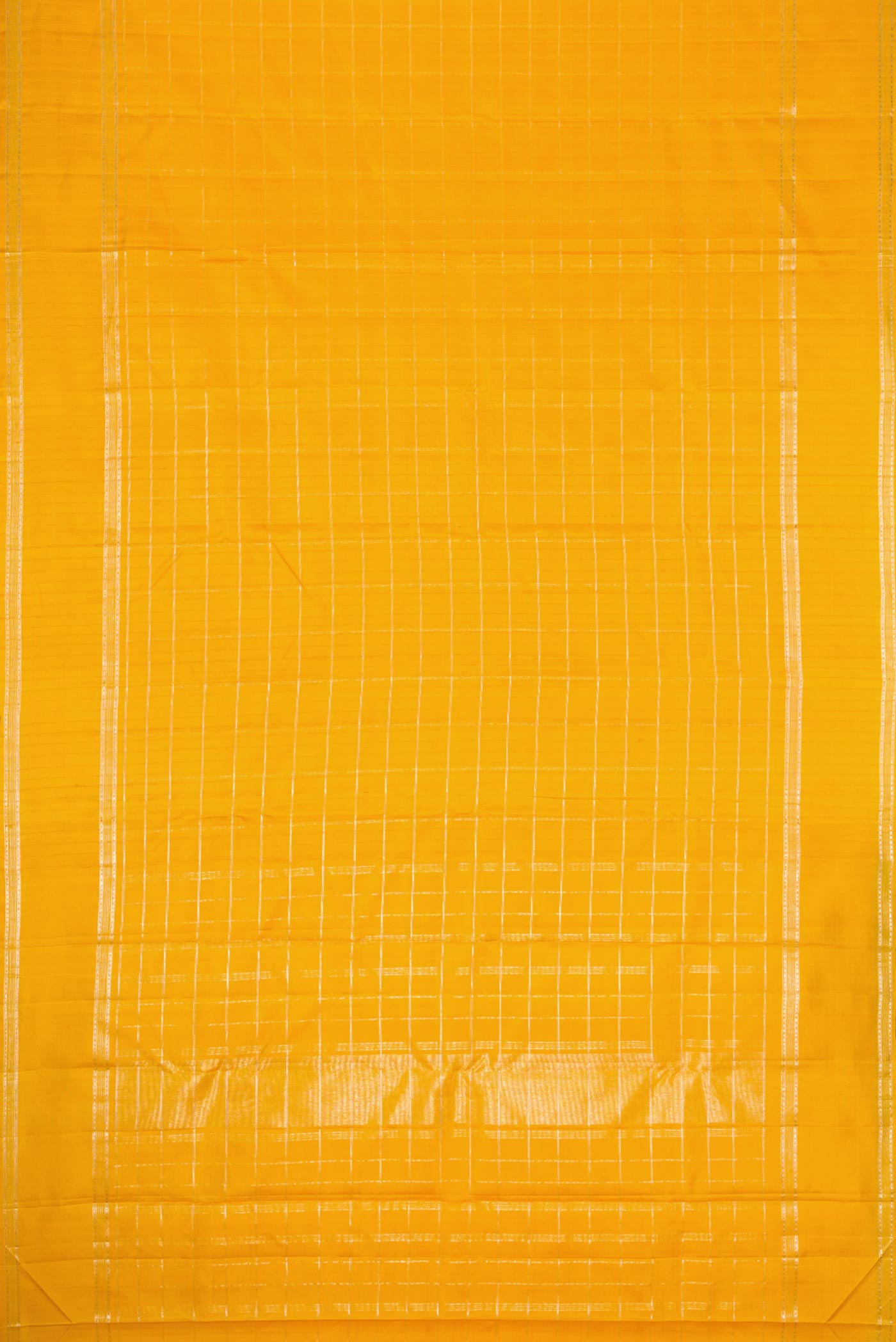 Flat view of Mustard Dual Tone Kanchipuram Silk Saree with Checked design on the body and Zari Border. 