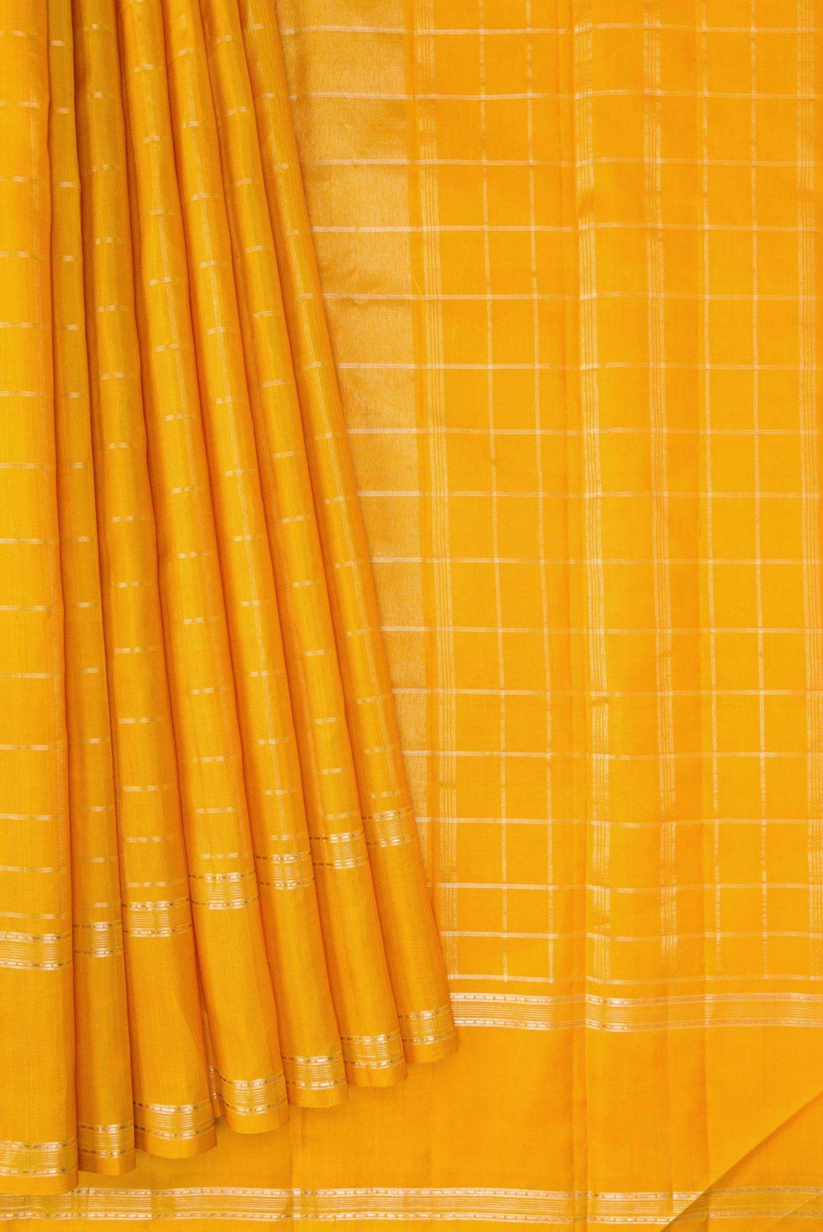 Pleats and pallu of Mustard Dual Tone Kanchipuram Silk Saree with Checked design on the body and Zari Border. 