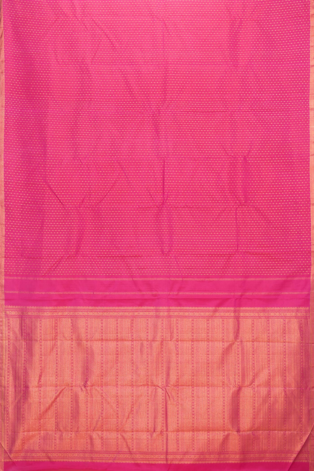 Flat view of Dark Pink Dual Tone Kanchipuram Silk Saree with Zari Butta on the body and Thin Zari Line. 