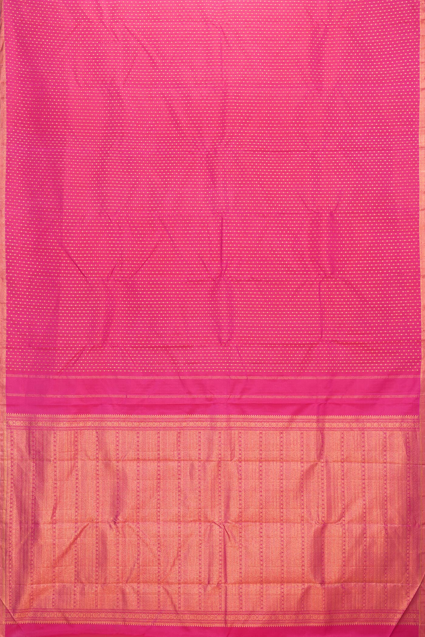 Flat view of Dark Pink Dual Tone Kanchipuram Silk Saree with Zari Butta on the body and Thin Zari Line. 