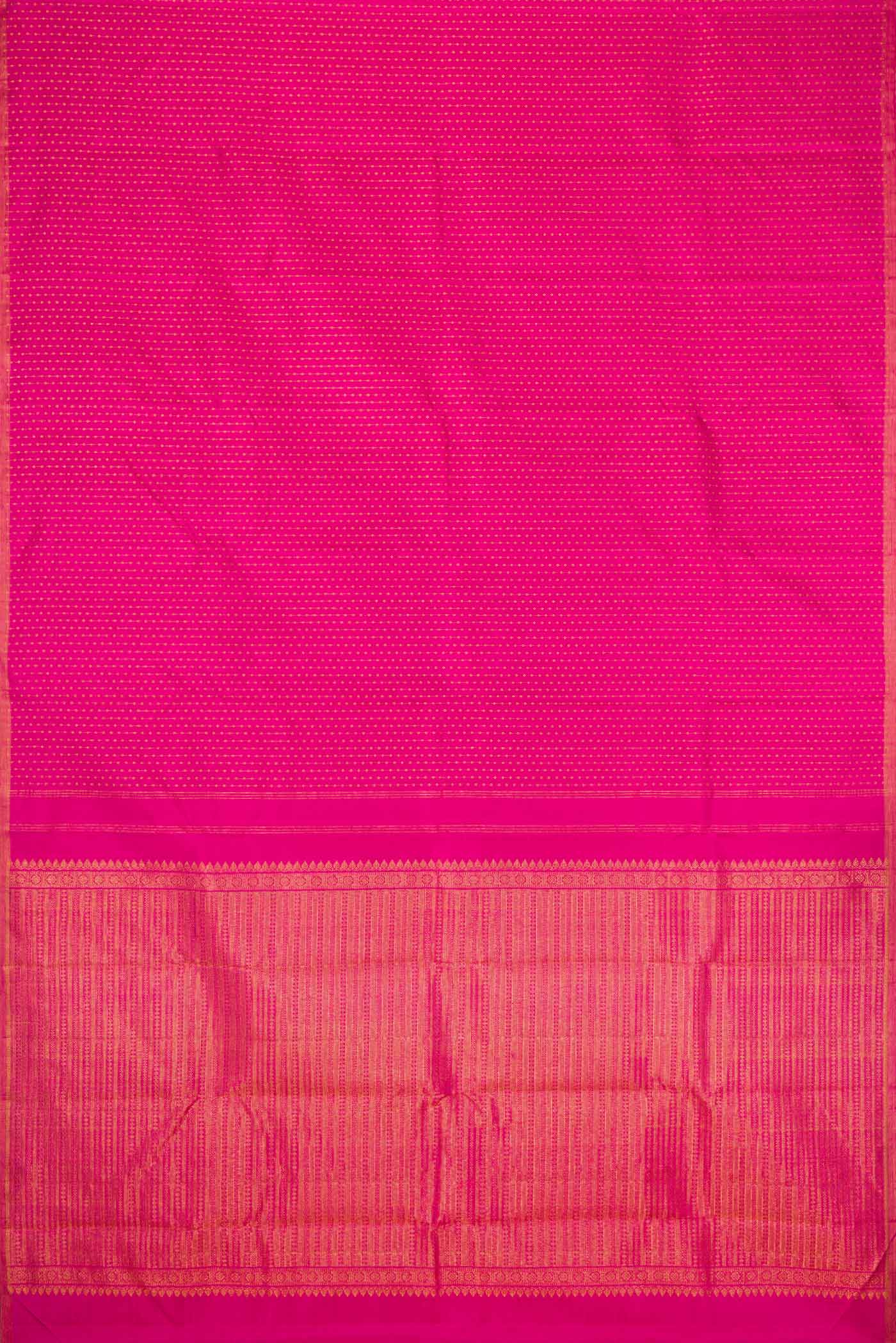 Flat view of Pink Dual Tone Kanchipuram Silk Saree with Stripes on the body and Zari Border. 
