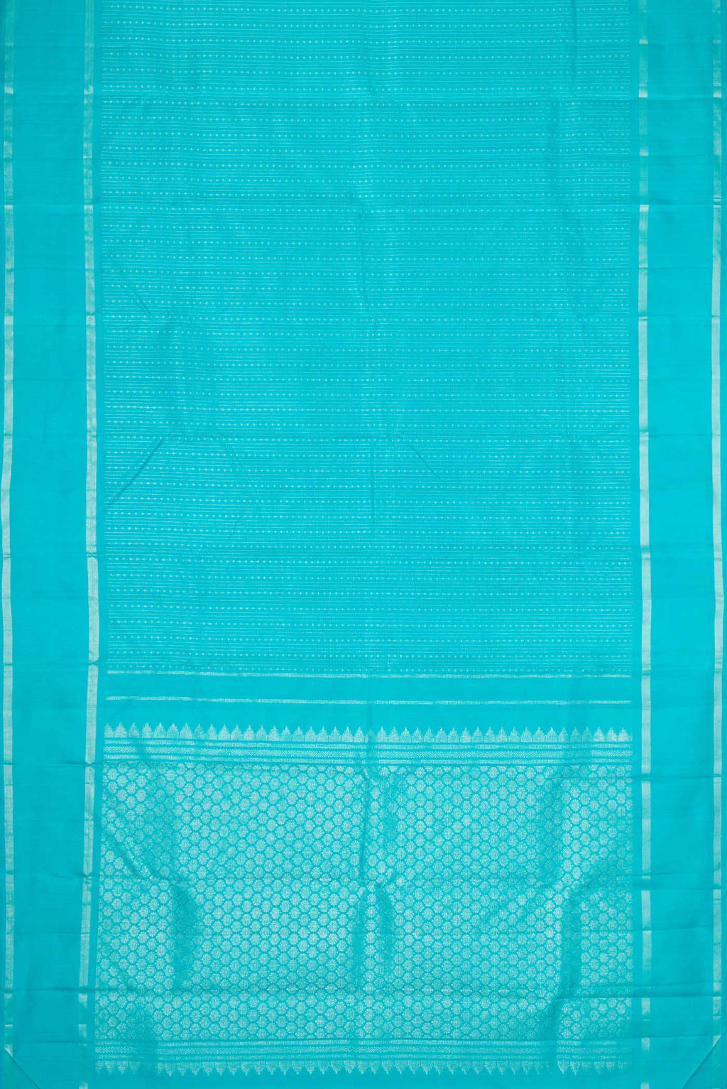 Flat view of Light Blue Dual Tone Kanchipuram Silk Saree with Stripes on the body and Zari Border