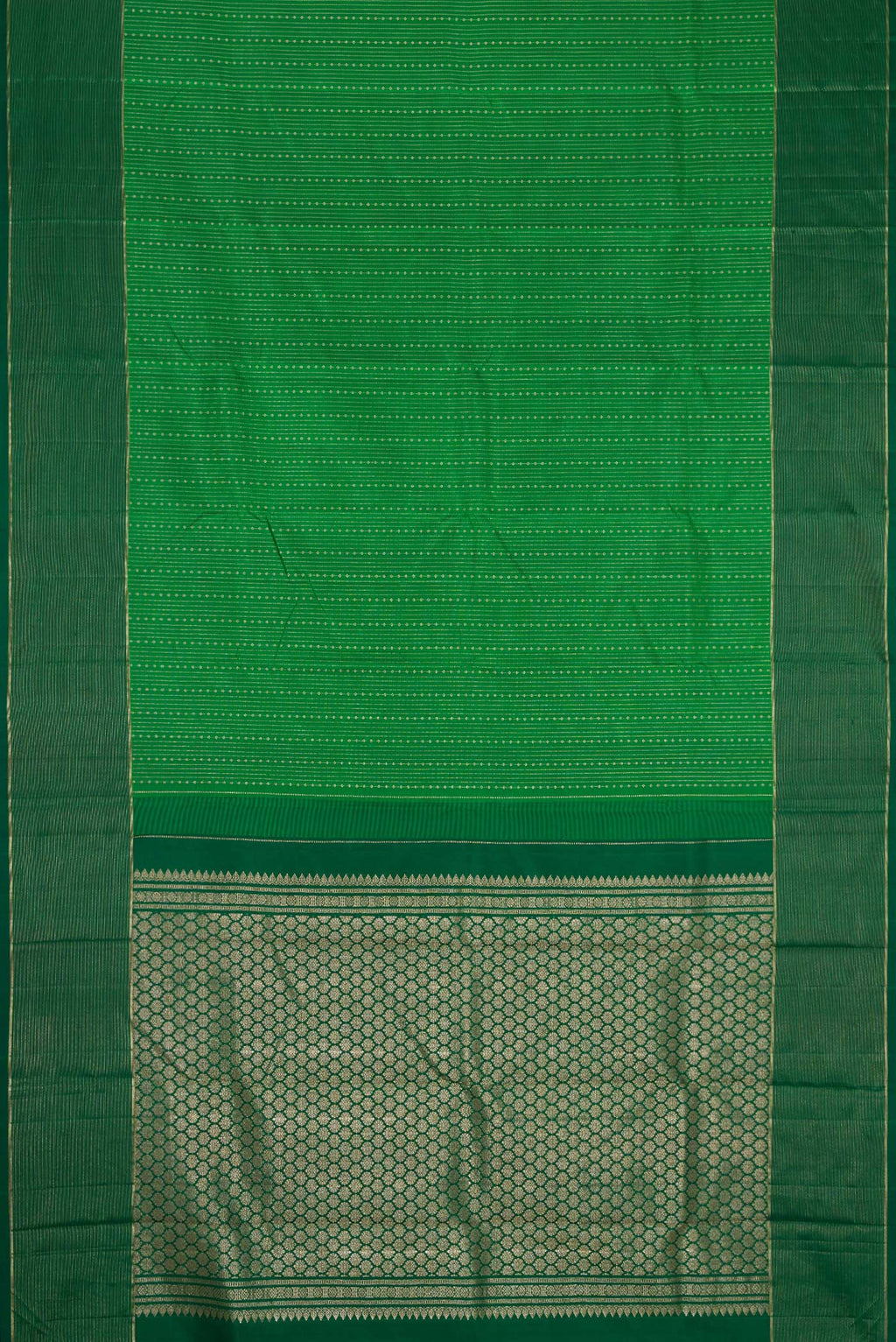 Flat view of Bottle Green Dual Tone Kanchipuram Silk Saree with Stripes on the body and Zari Border. 