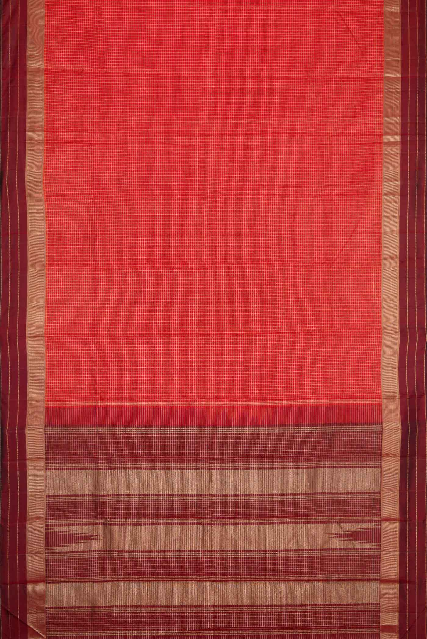 Flat view of Orange Dual Tone Kanchipuram Silk Saree with Checked design on the body and Zari Border. 