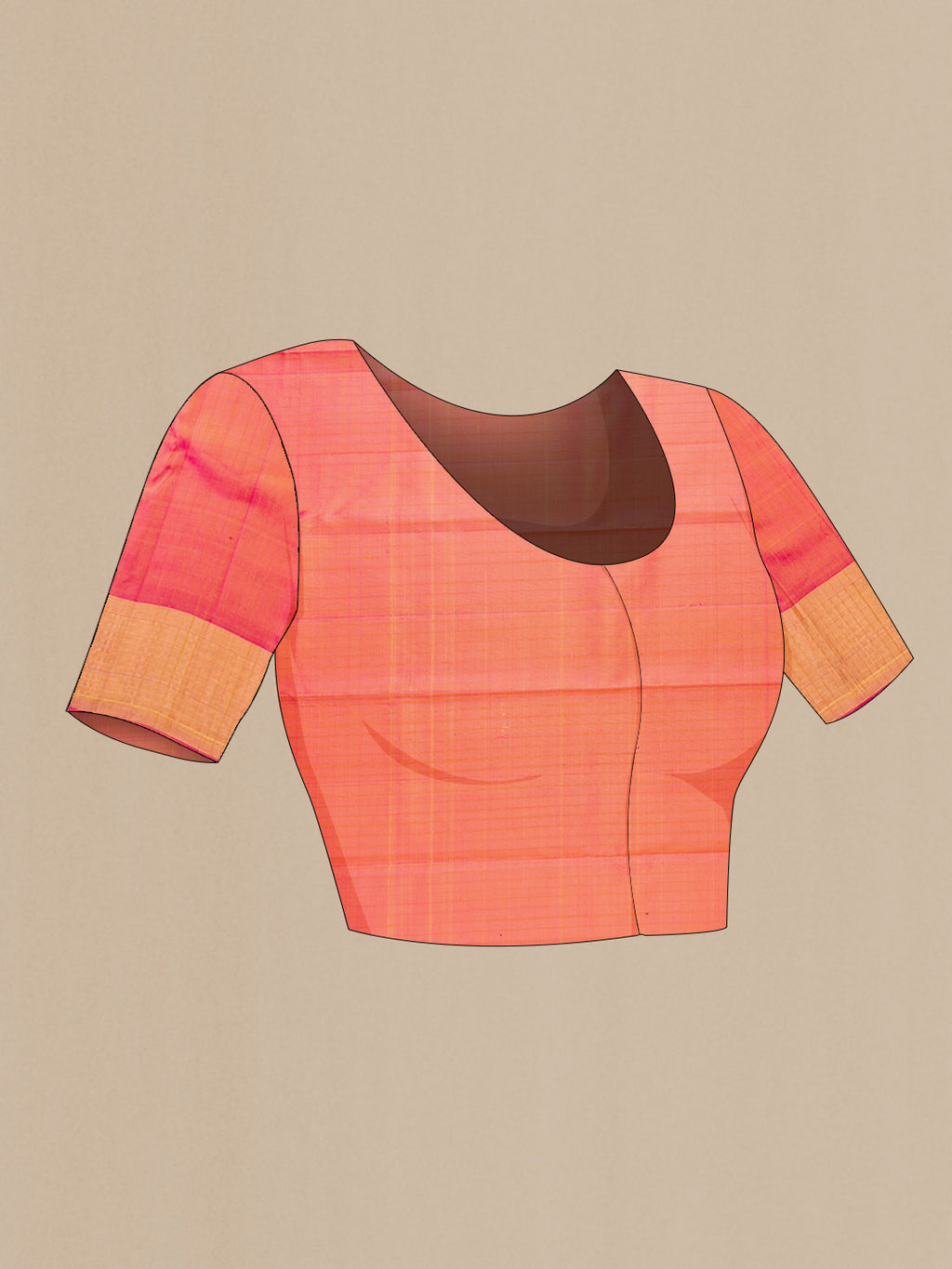 Close up image of the blouse of Golden Peach Dual Tone Kanchipuram Silk Saree with Stripes on the body and Zari Border. 