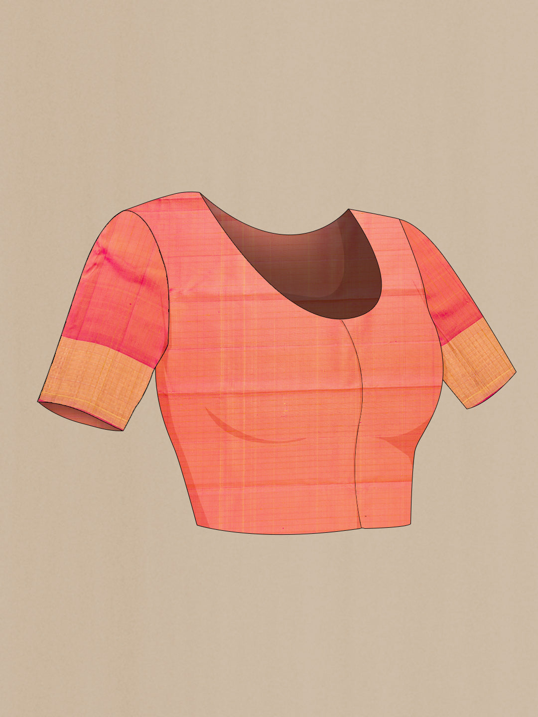 Close up image of the blouse of Golden Peach Dual Tone Kanchipuram Silk Saree with Stripes on the body and Zari Border. 