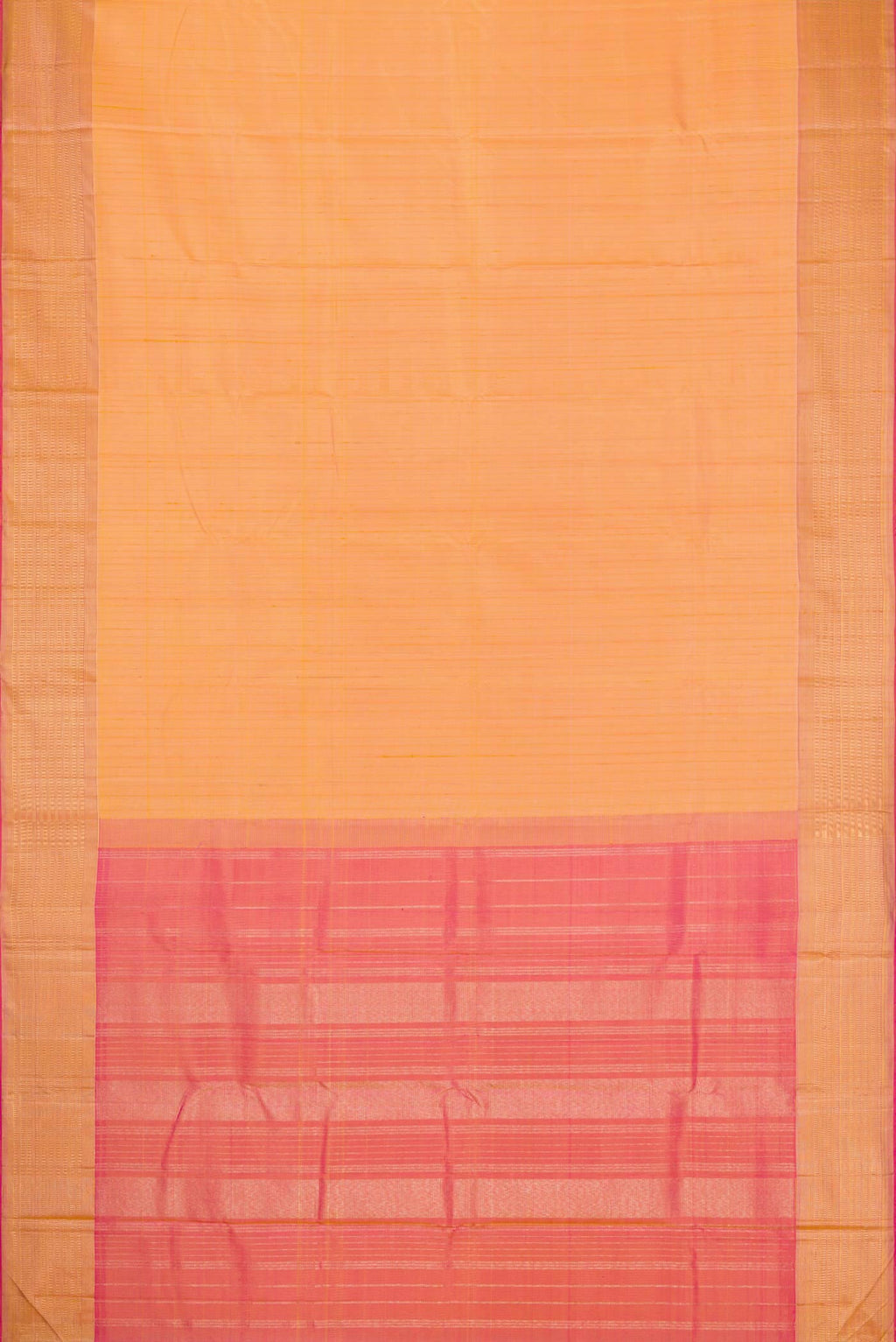 Flat view of Golden Peach Dual Tone Kanchipuram Silk Saree with Stripes on the body and Zari Border. 