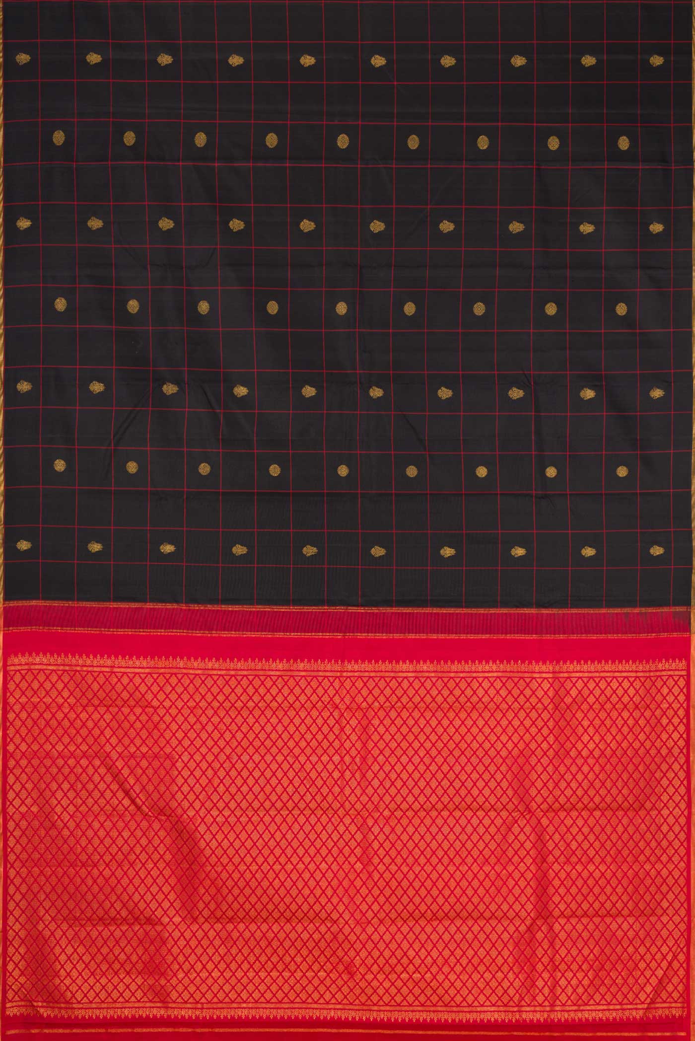 Flat view of Black Dual Tone Kanchipuram Silk Saree with Checked design on the body and Thin Zari Line. 