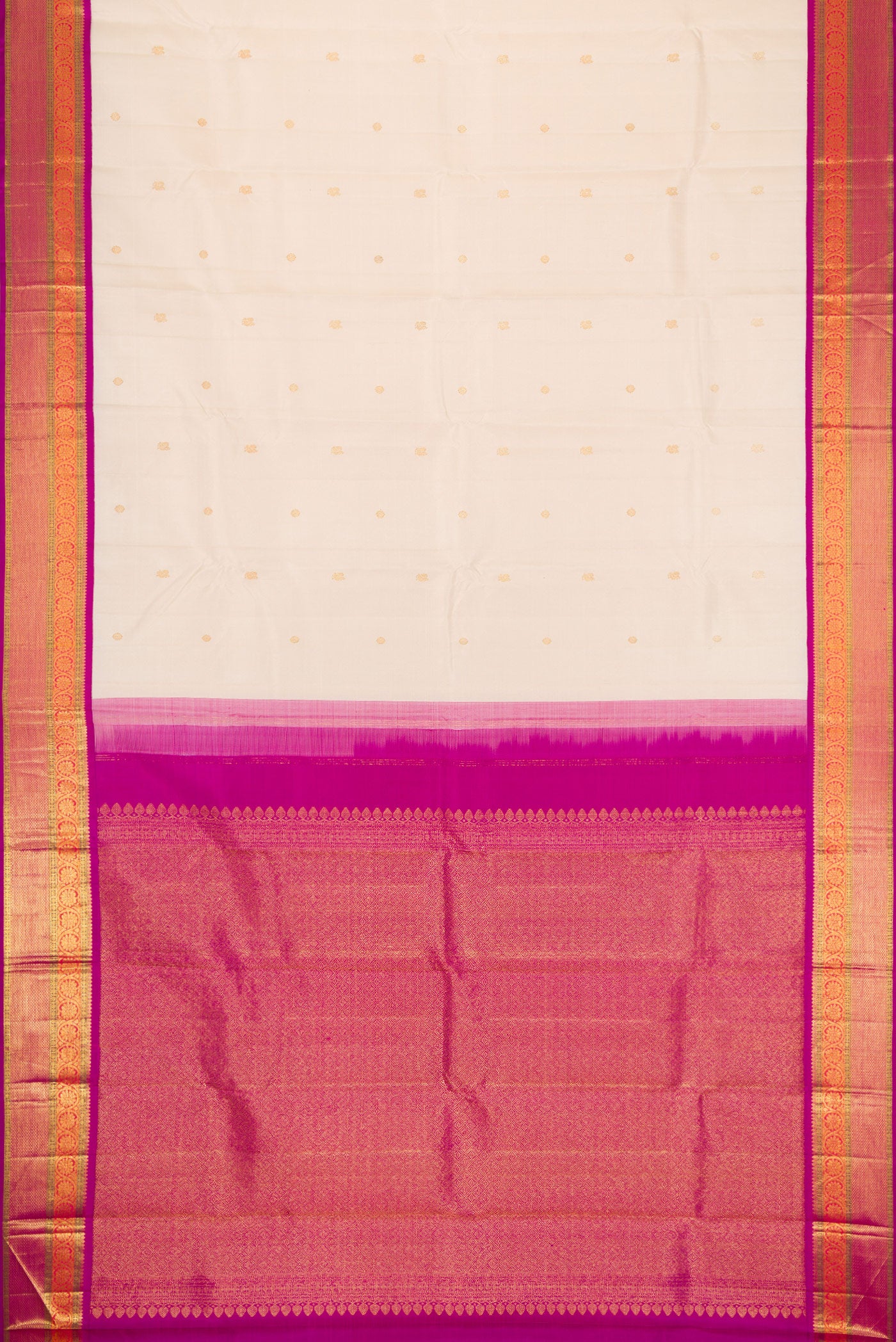 Flat view of Pure Silk Pure Zari Beige Dual Tone Kanjivaram Saree with Zari Butta on the body and Zari Border. 