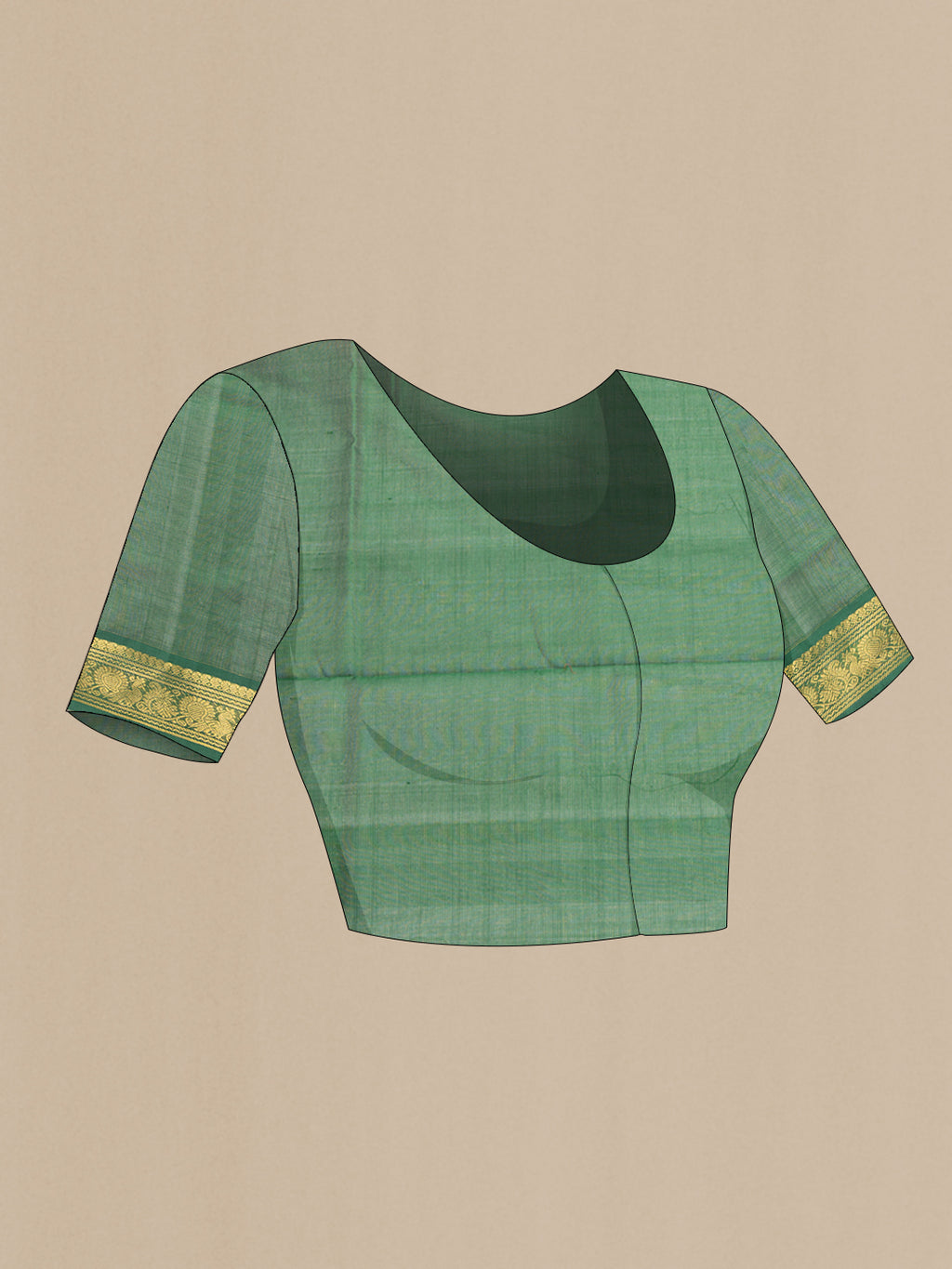 Close up image of the blouse of Red Silk Cotton Saree with Stripes on the body and Zari Border. 