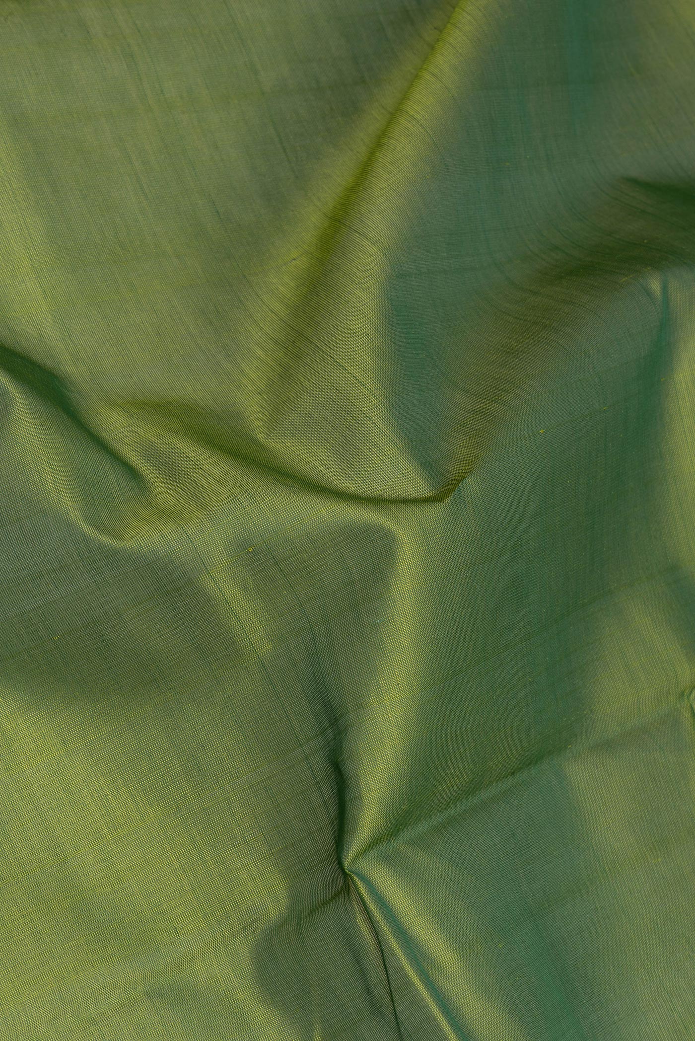 Close up of Green Silk Cotton Saree with Plain Body and Zari Border.  displaying folds