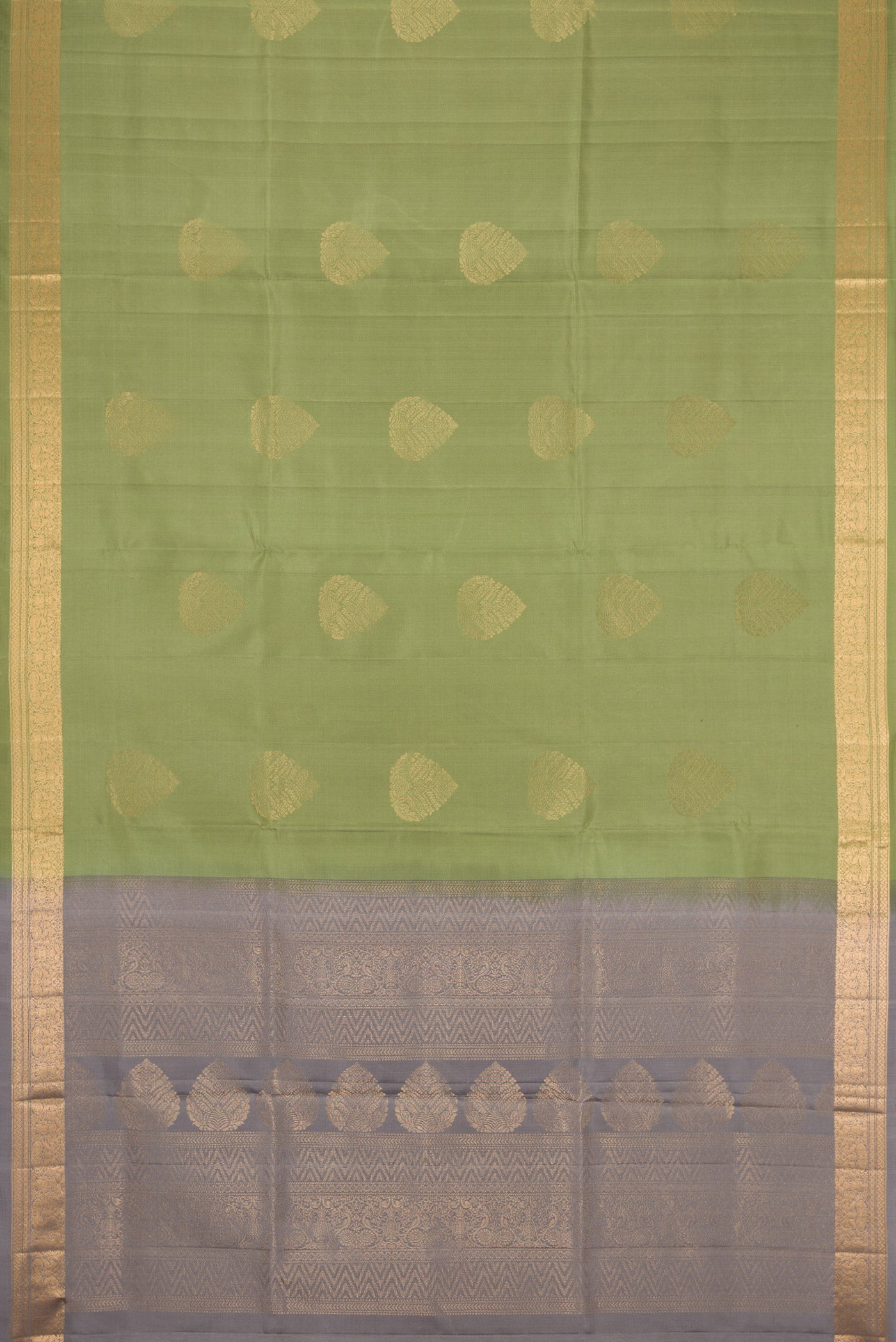 Flat view of Mehandi Green Dual Tone Soft Silk Saree with Zari Butta on the body and Zari Border. 