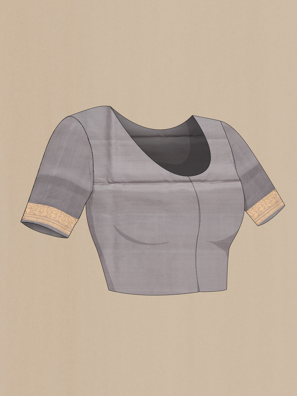 Close up image of the blouse of Mustard Dual Tone Soft Silk Saree with Zari Butta on the body and Zari Border. 