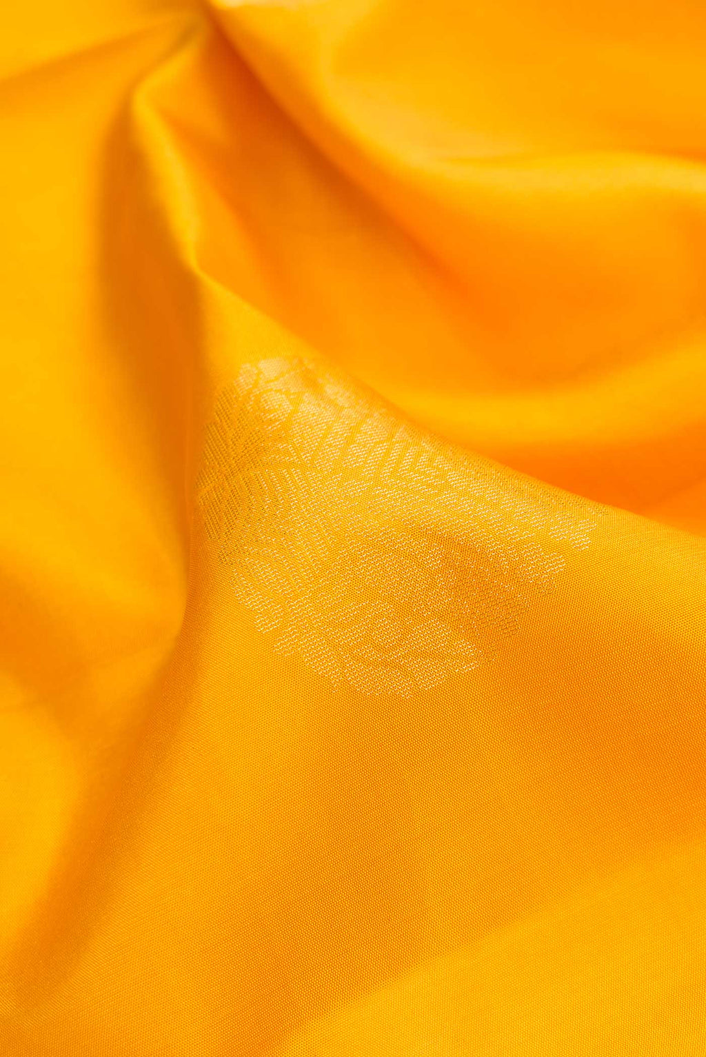 Close up of Mustard Dual Tone Soft Silk Saree with Zari Butta on the body and Zari Border.  displaying folds
