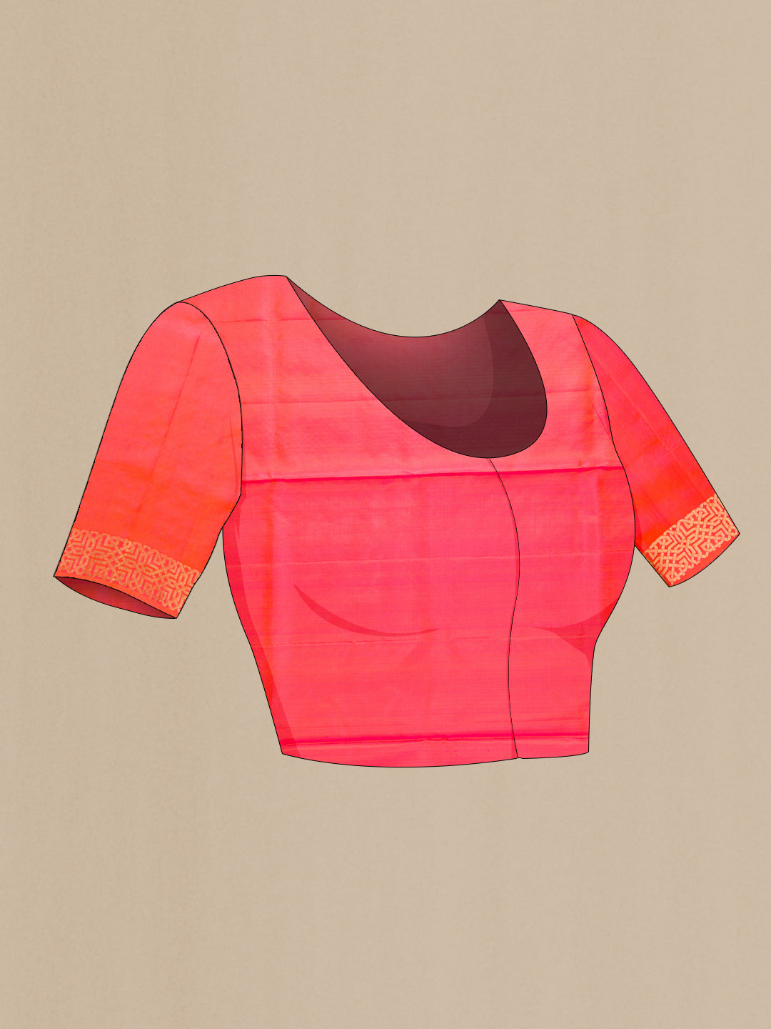 Close up image of the blouse of Orange Dual Tone Soft Silk Saree with Zari Butta on the body and Zari Border. 
