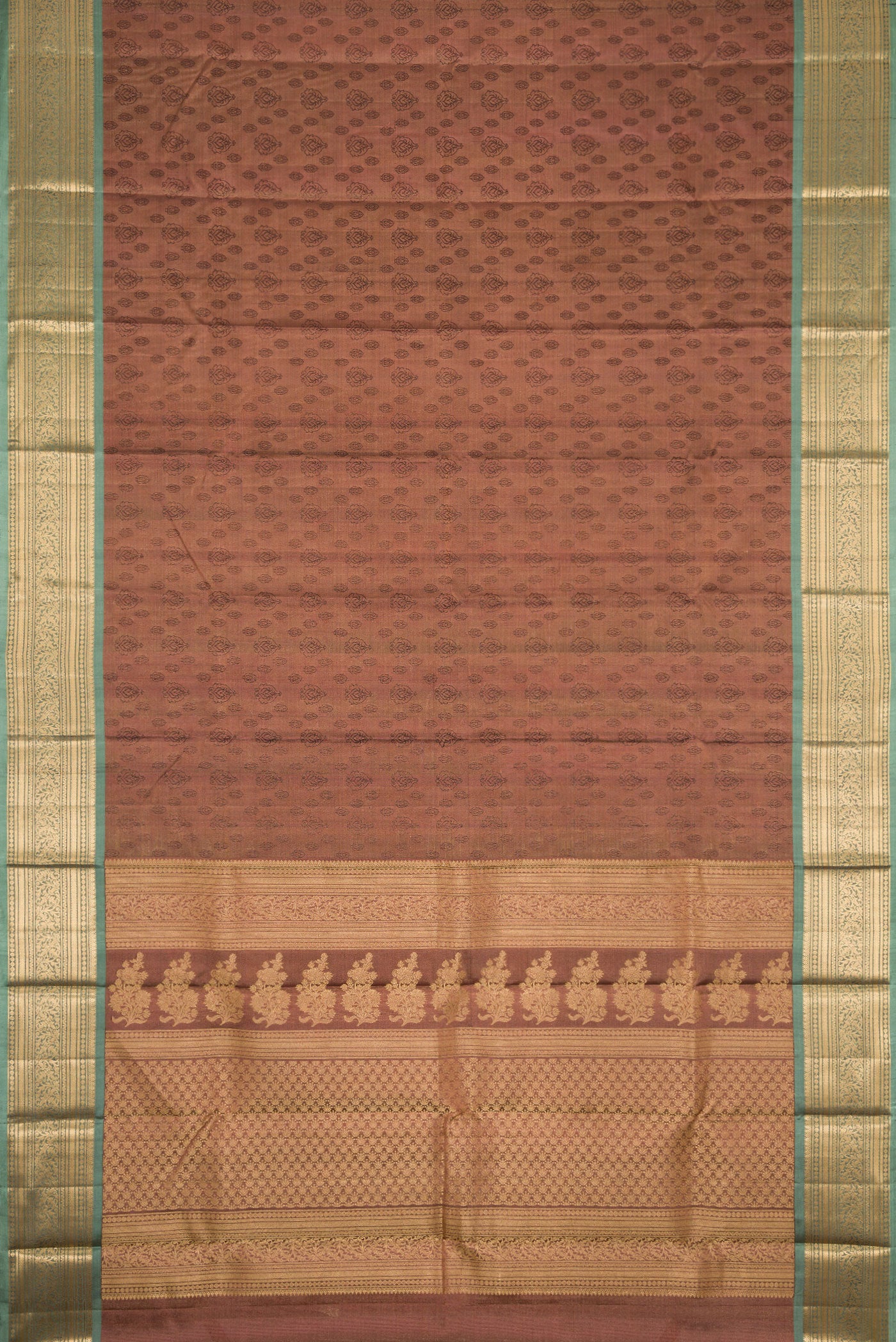 Flat view of Brown Dual Tone Kanchipuram Tissue Silk Saree with Zari Brocade on the body and Zari Border. 