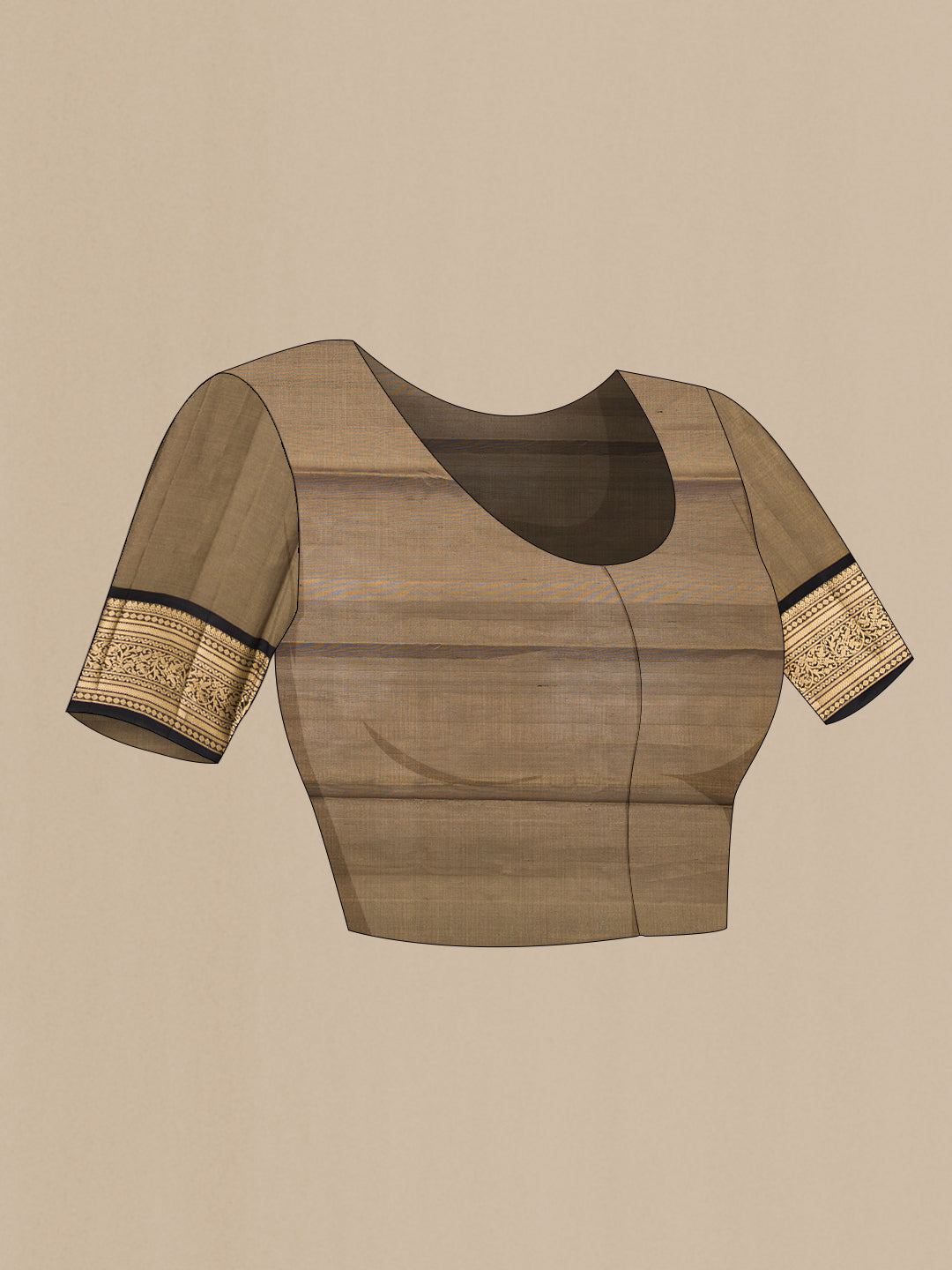 Close up image of the blouse of Gold Dual Tone Kanchipuram Tissue Silk Saree with Zari Brocade on the body and Zari Border. 