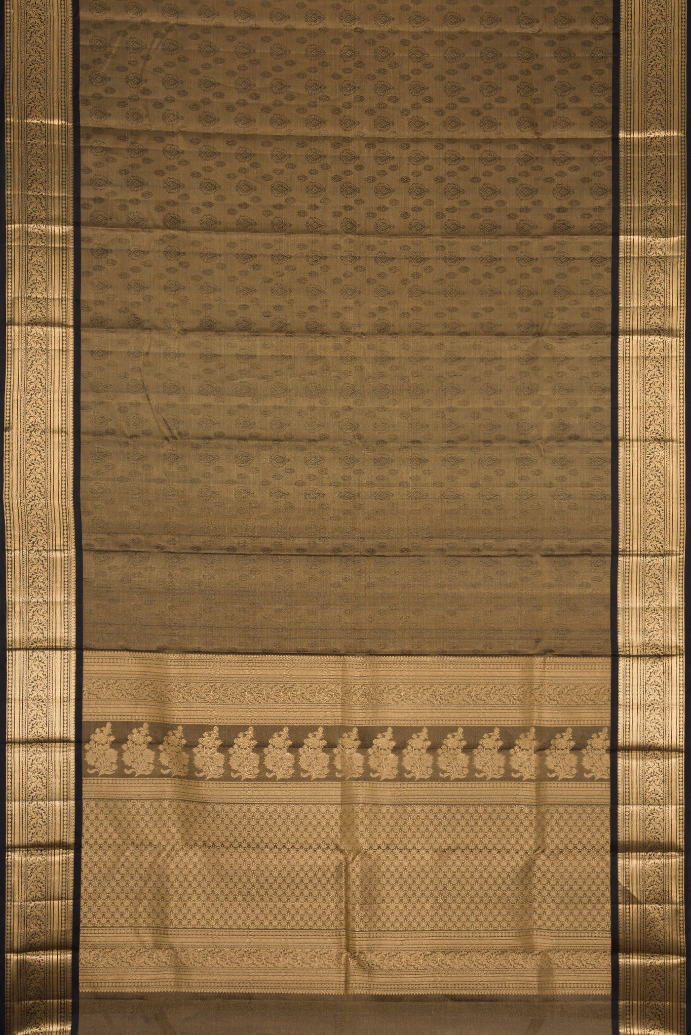 Flat view of Gold Dual Tone Kanchipuram Tissue Silk Saree with Zari Brocade on the body and Zari Border. 