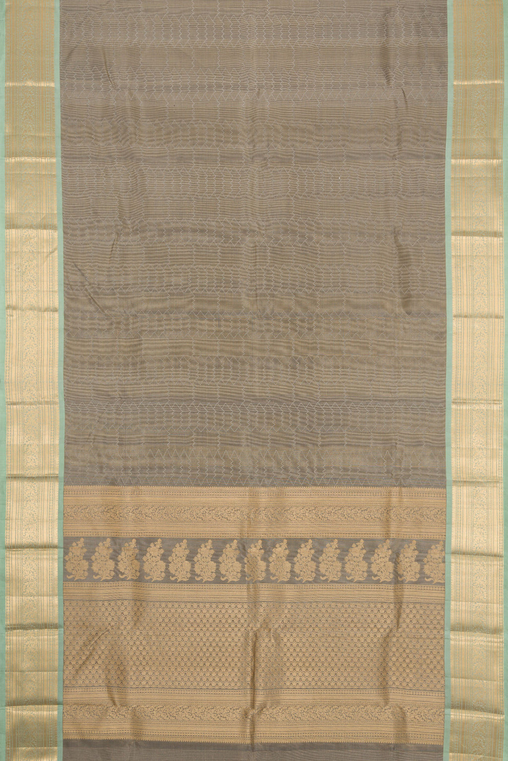 Flat view of Grey Dual Tone Kanchipuram Tissue Silk Saree with Zari Brocade on the body and Zari Border. 