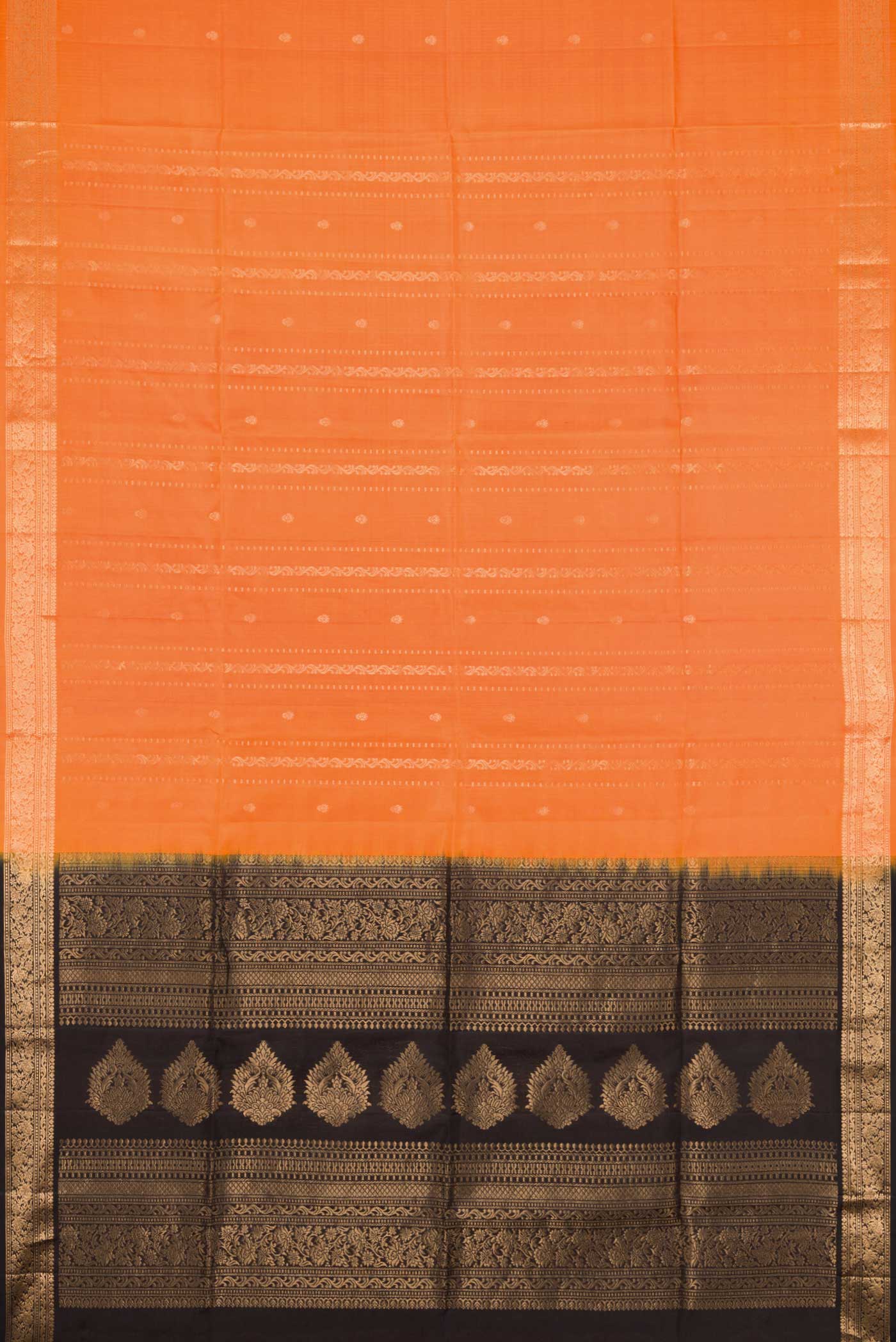 Flat view of Orange Dual Tone Soft Silk Saree with Stripes on the body and Zari Border