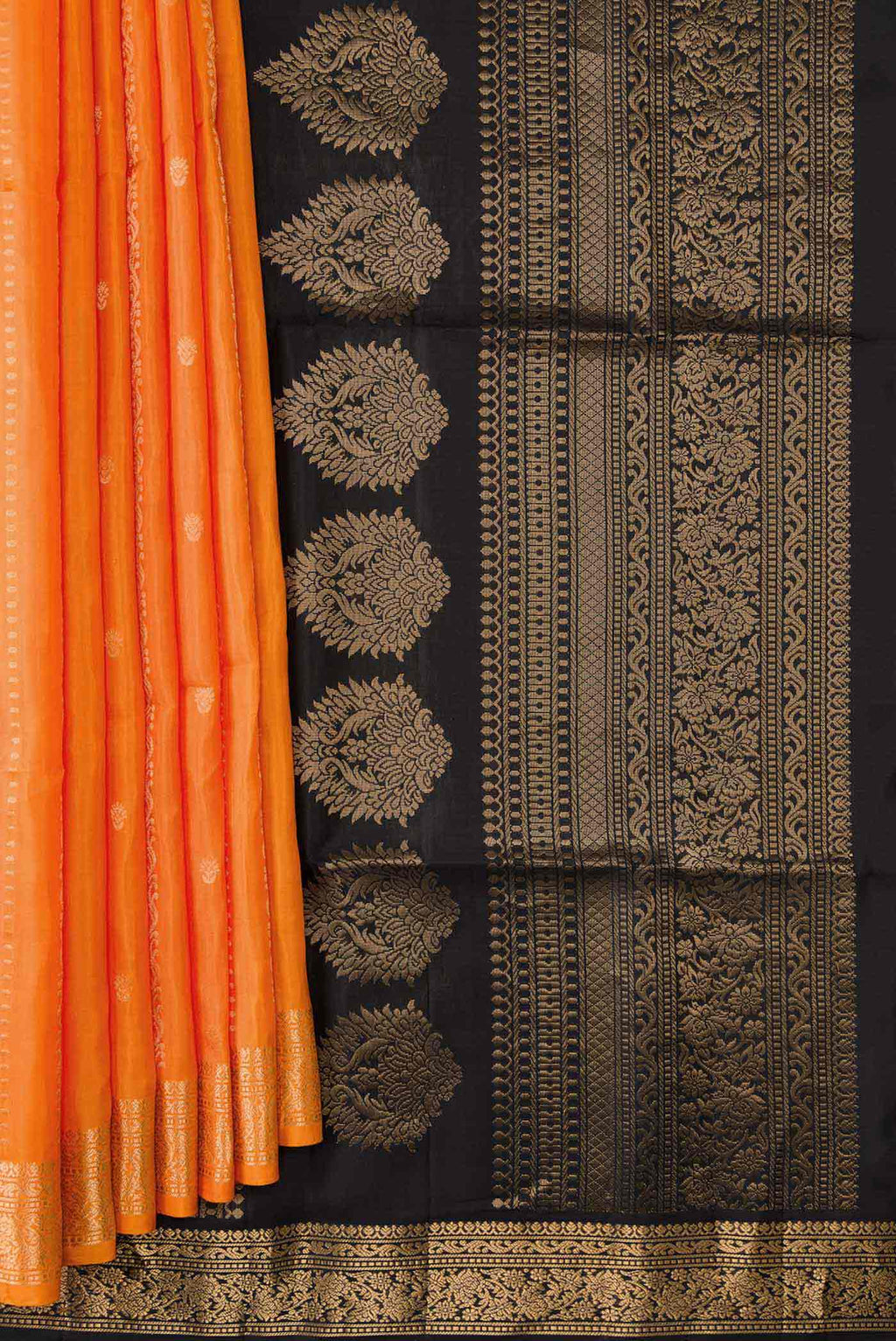 Pleats and pallu of Orange Dual Tone Soft Silk Saree with Stripes on the body and Zari Border