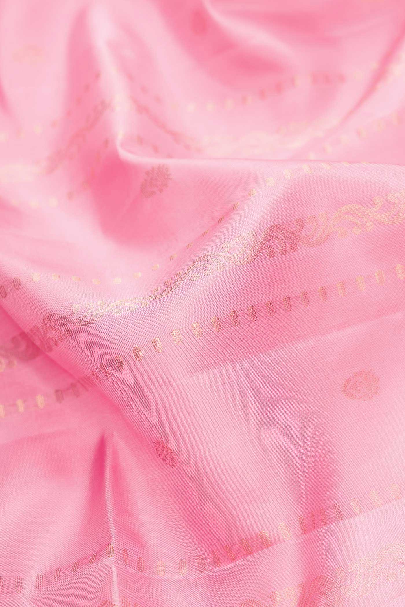 Close up of Pink Dual Tone Soft Silk Saree with Stripes on the body and Zari Border.  displaying folds