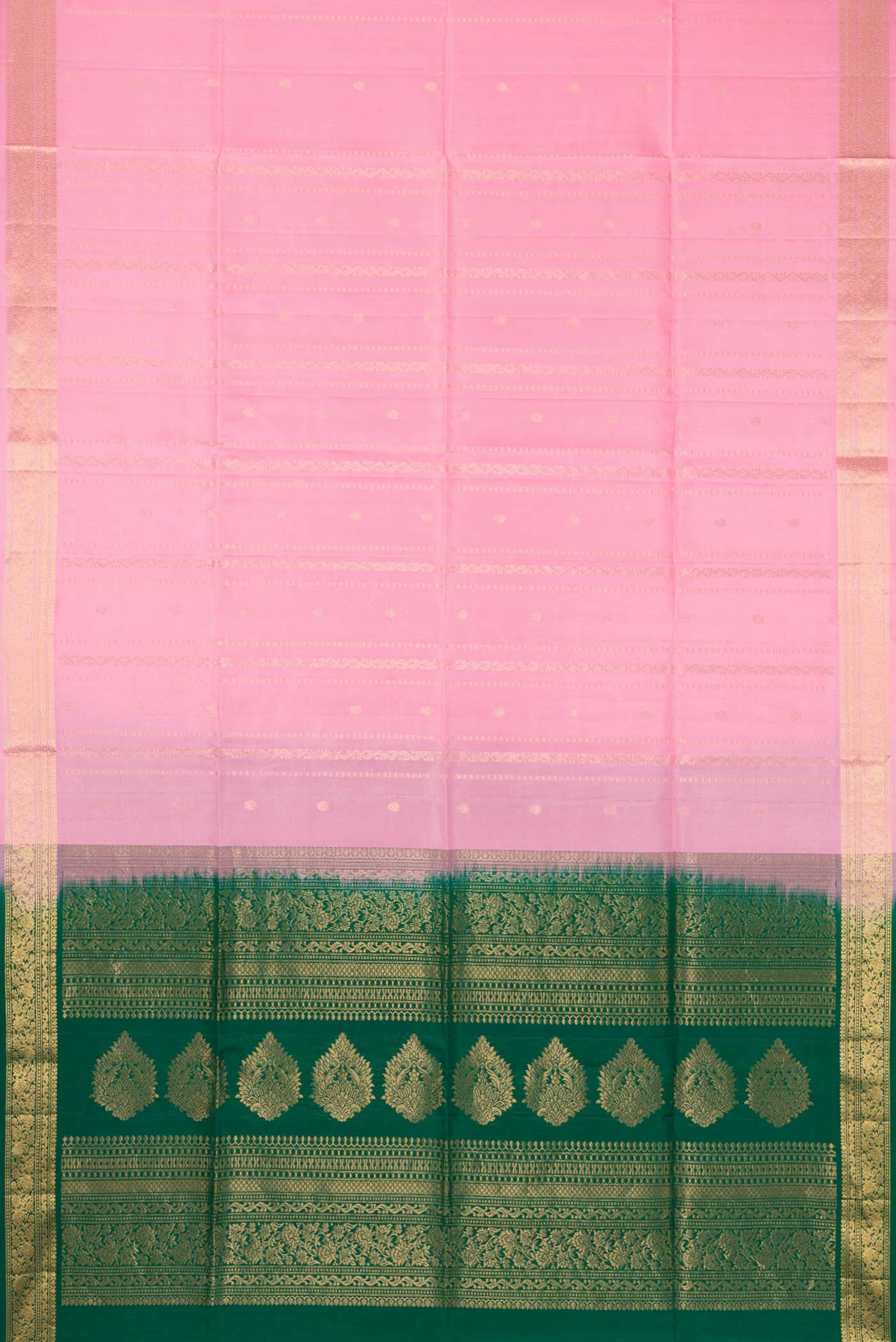 Flat view of Pink Dual Tone Soft Silk Saree with Stripes on the body and Zari Border. 