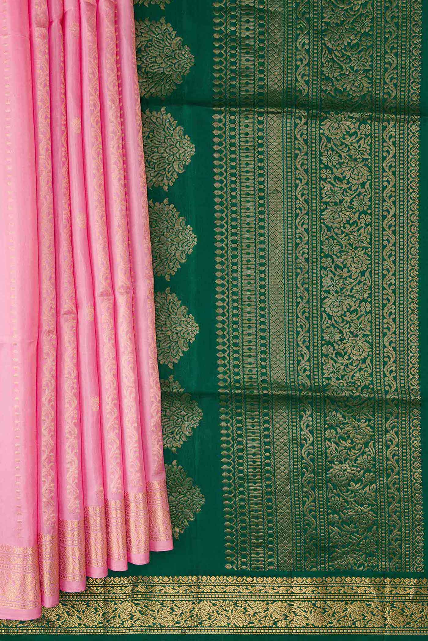 Pleats and pallu of Pink Dual Tone Soft Silk Saree with Stripes on the body and Zari Border. 