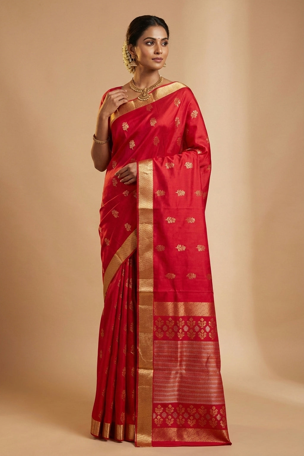 Model wearing a Dark Pink Dual Tone Soft Silk Saree with Zari Butta on the body and Zari Border
