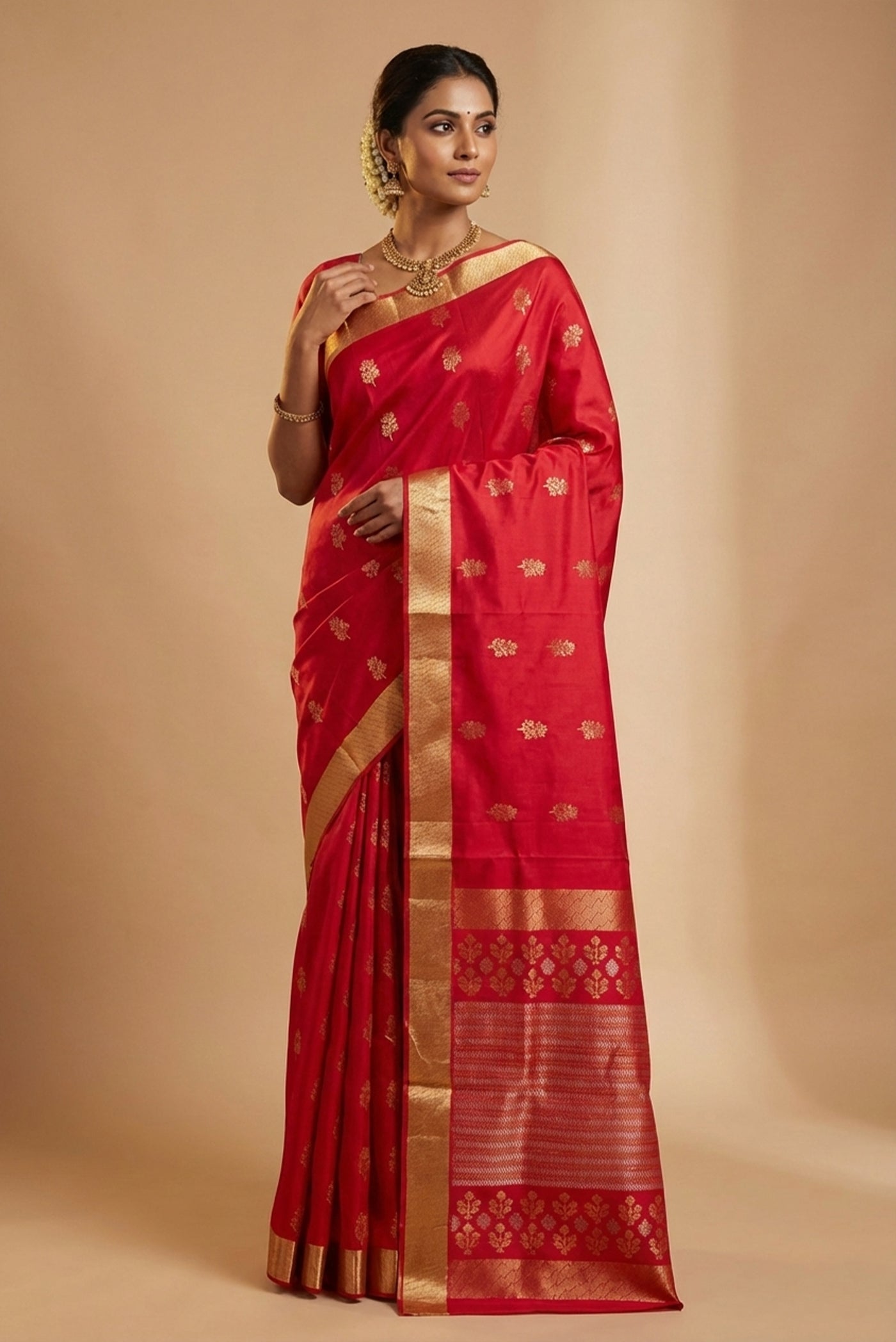 Model wearing a Dark Pink Dual Tone Soft Silk Saree with Zari Butta on the body and Zari Border
