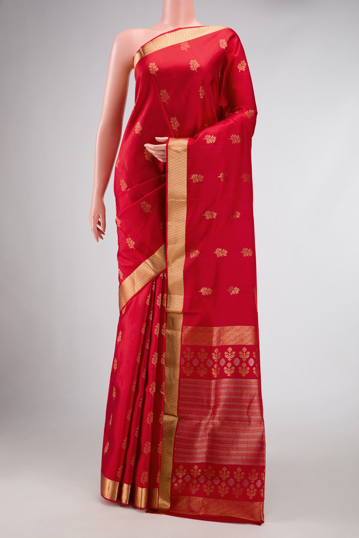 Dark Pink Dual Tone Soft Silk Saree with Zari Butta on the body and Zari Border displayed on a mannequin